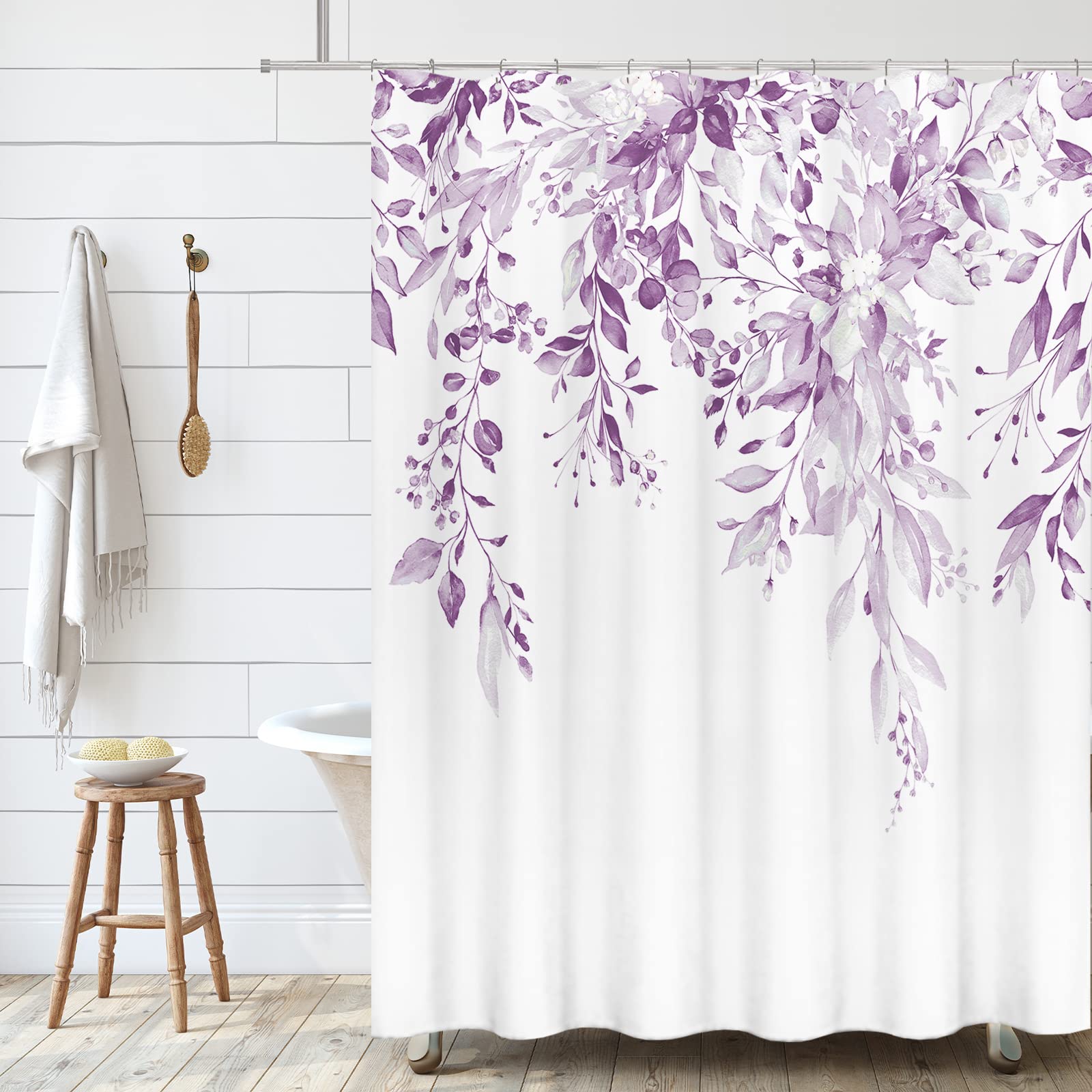 Tititex Lilac Light Purple Eucalyptus Shower Curtain Sets, Watercolor Leaves On The Top Plant With Floral Bathroom Decoration 72