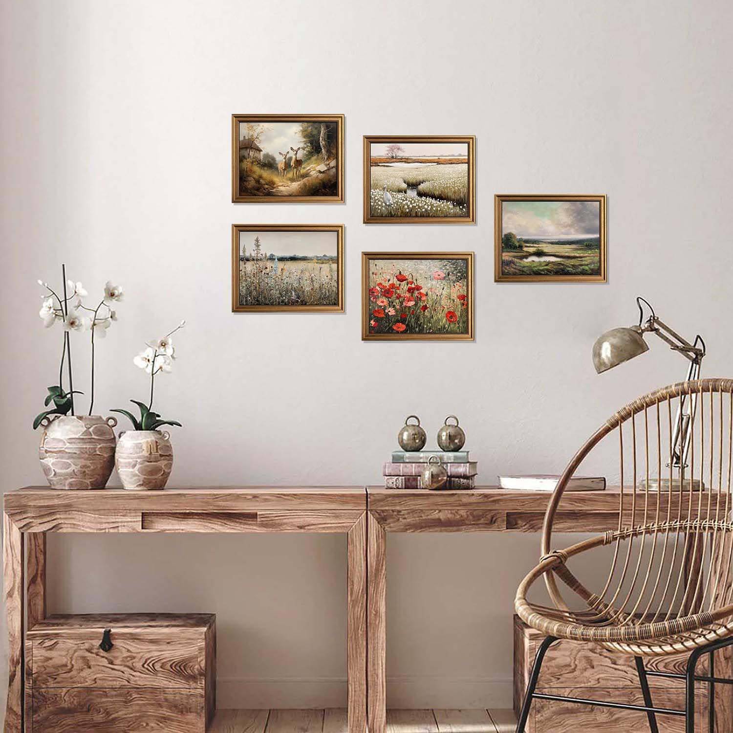 Gold Framed Vintage Wall Art Classical French Landscape Wildflowers Botanical Painting Canvas Print Kitchen Living Room Wall Dec
