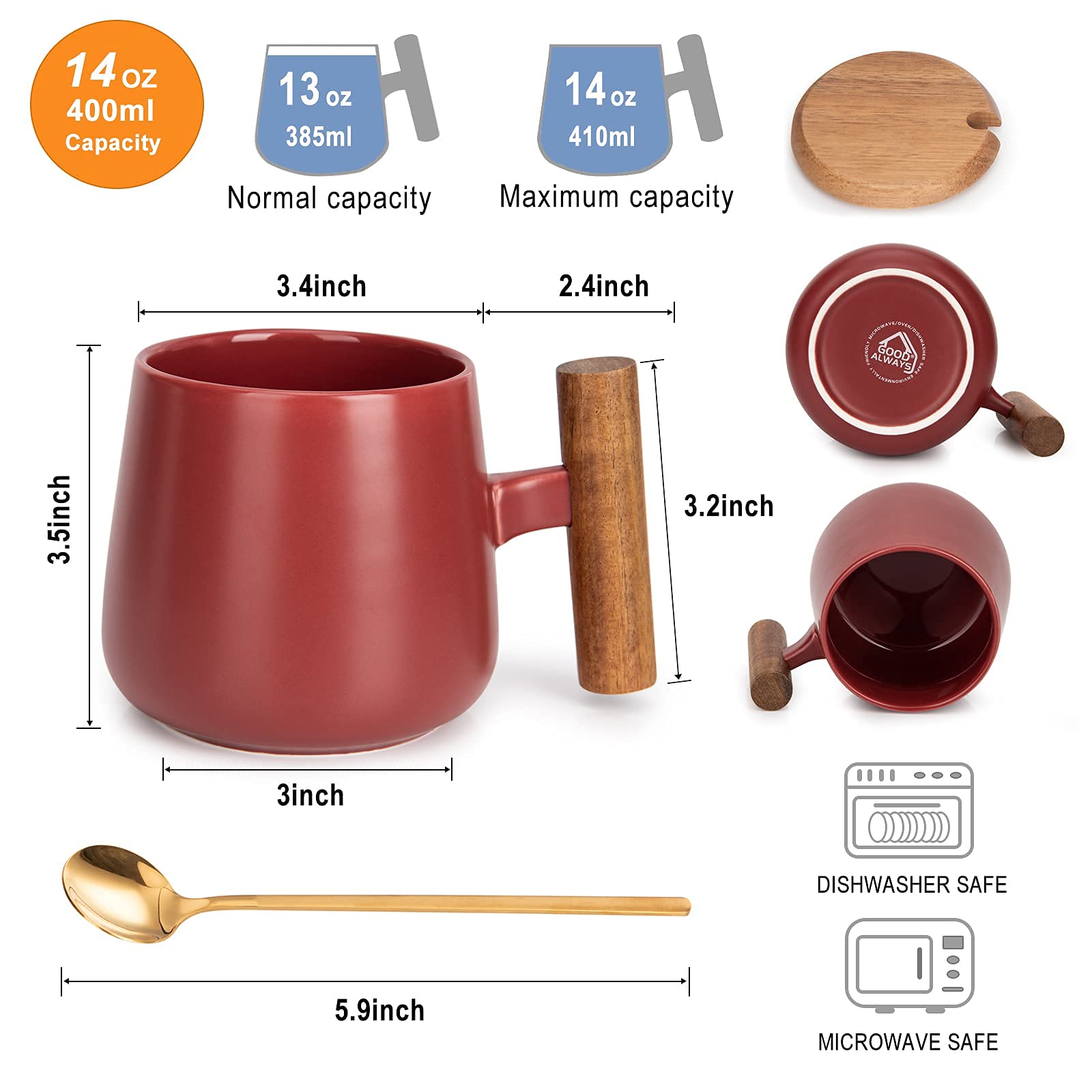 Good Always 14 Oz Ceramic Coffee Mug With Lid And Coffee Spoon For Latte,Cappuccino Mug, Cocoa Mug, Tea Mug, Birthday Gifts For