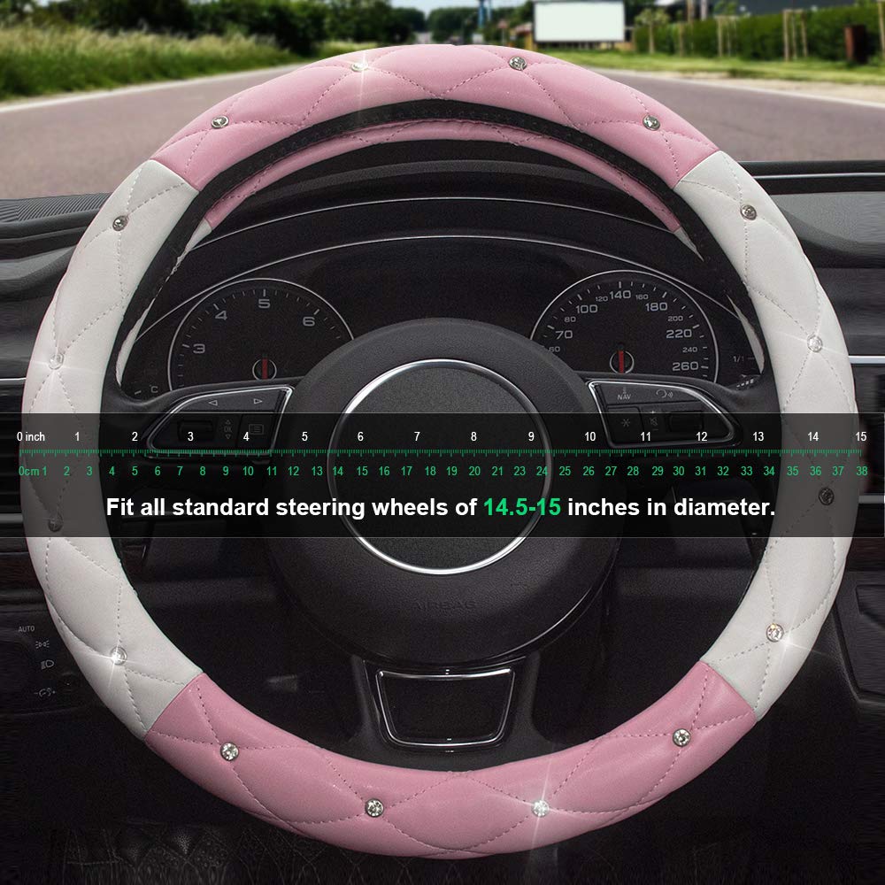 Xizopucy White Pink Steering Wheel Cover, Anti-Slip Steering Wheel Protector With Crystal Rhinestones Microfiber Leather, Steeri