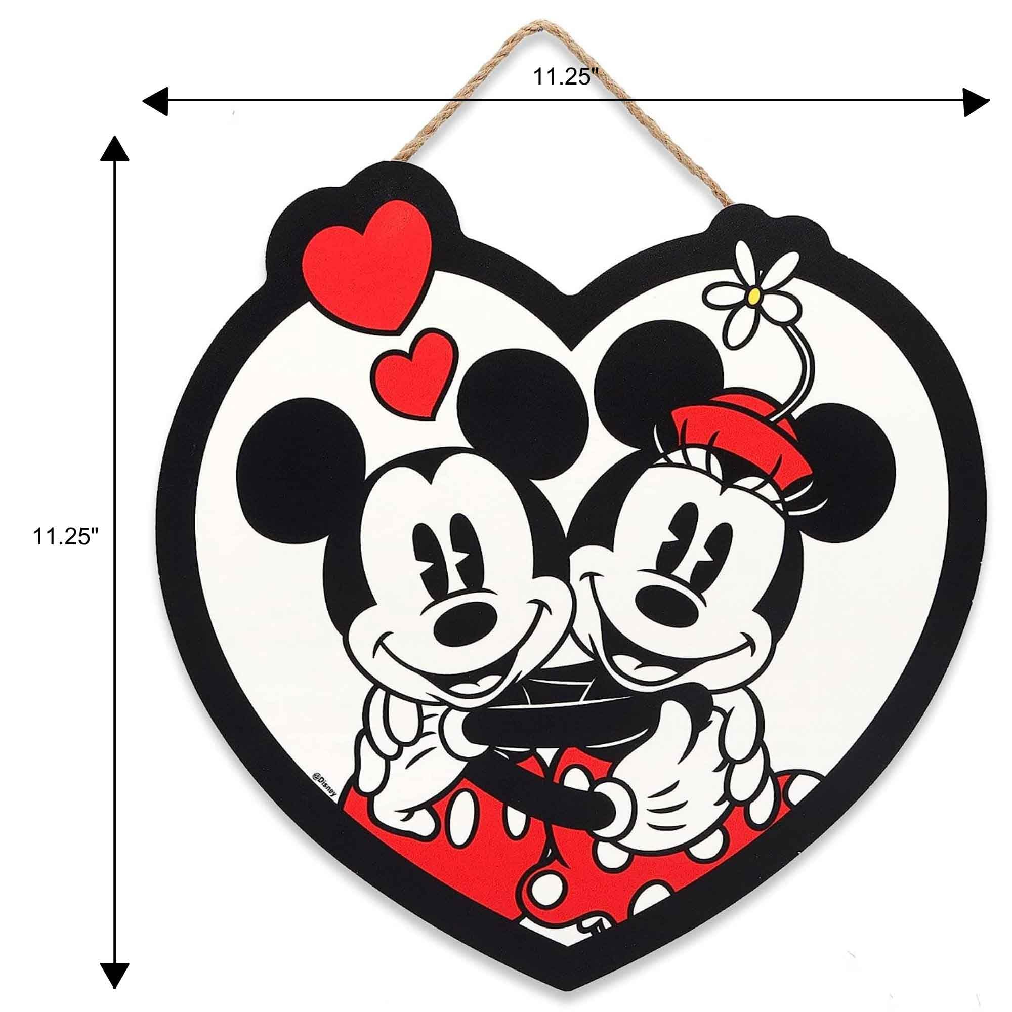 Open Road Brands Disney Mickey Mouse and Minnie Mouse Hanging Wood Sign - Heart Shaped Mickey Mouse Wall Art