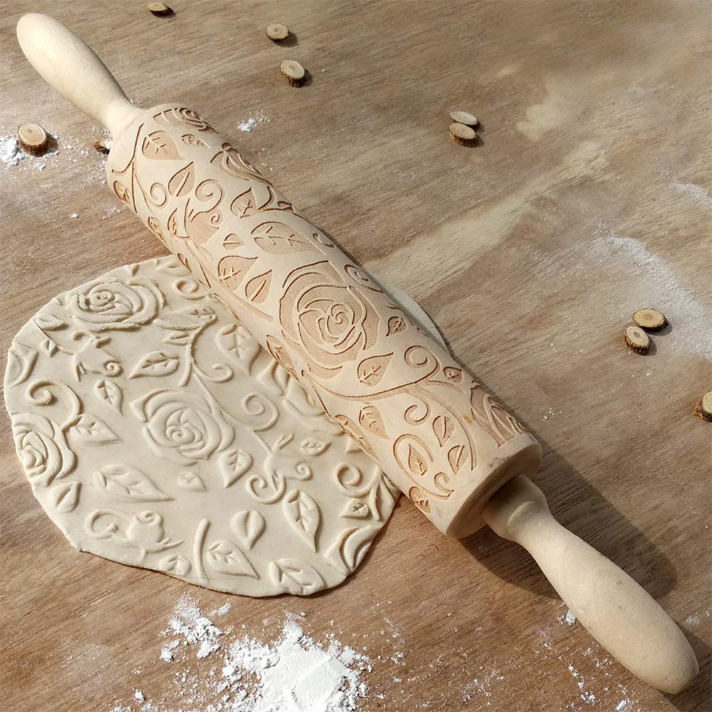 Wooden Rolling Pin, Rose Flower Embossed Engraved Carved Rolling Pin, Valentine'S Day Diy Cookies Biscuit Fondant Cake Dough Rol