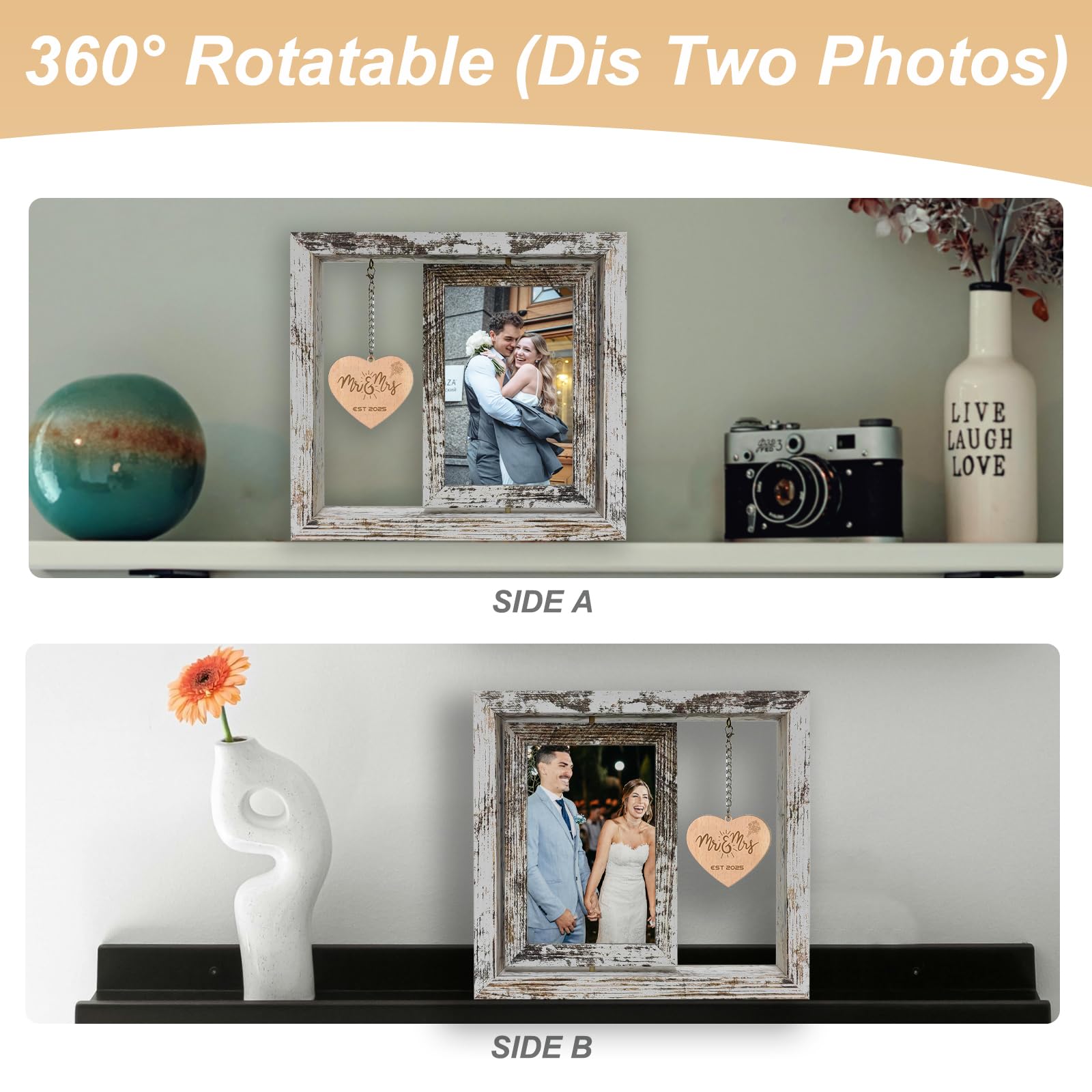 soruney Mr & Mrs EST 2025 Picture Frame - 360 Rotating Double Photo Frame Vintage Wedding Gifts for Newlyweds - Bridal Shower Gi