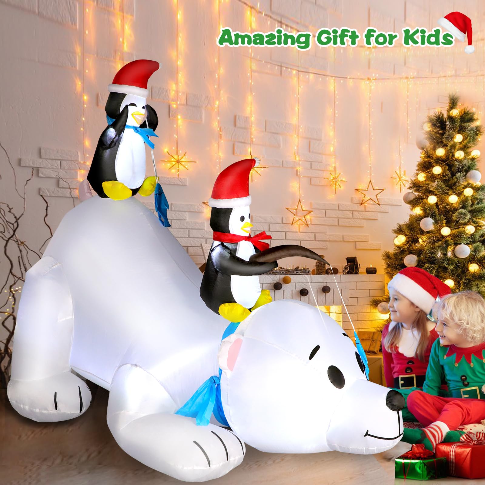 FunFanso 6FT Polar Bear Christmas Inflatable with Penguins, LED Lights, Colorful Yard Decoration, Model D01NA-027