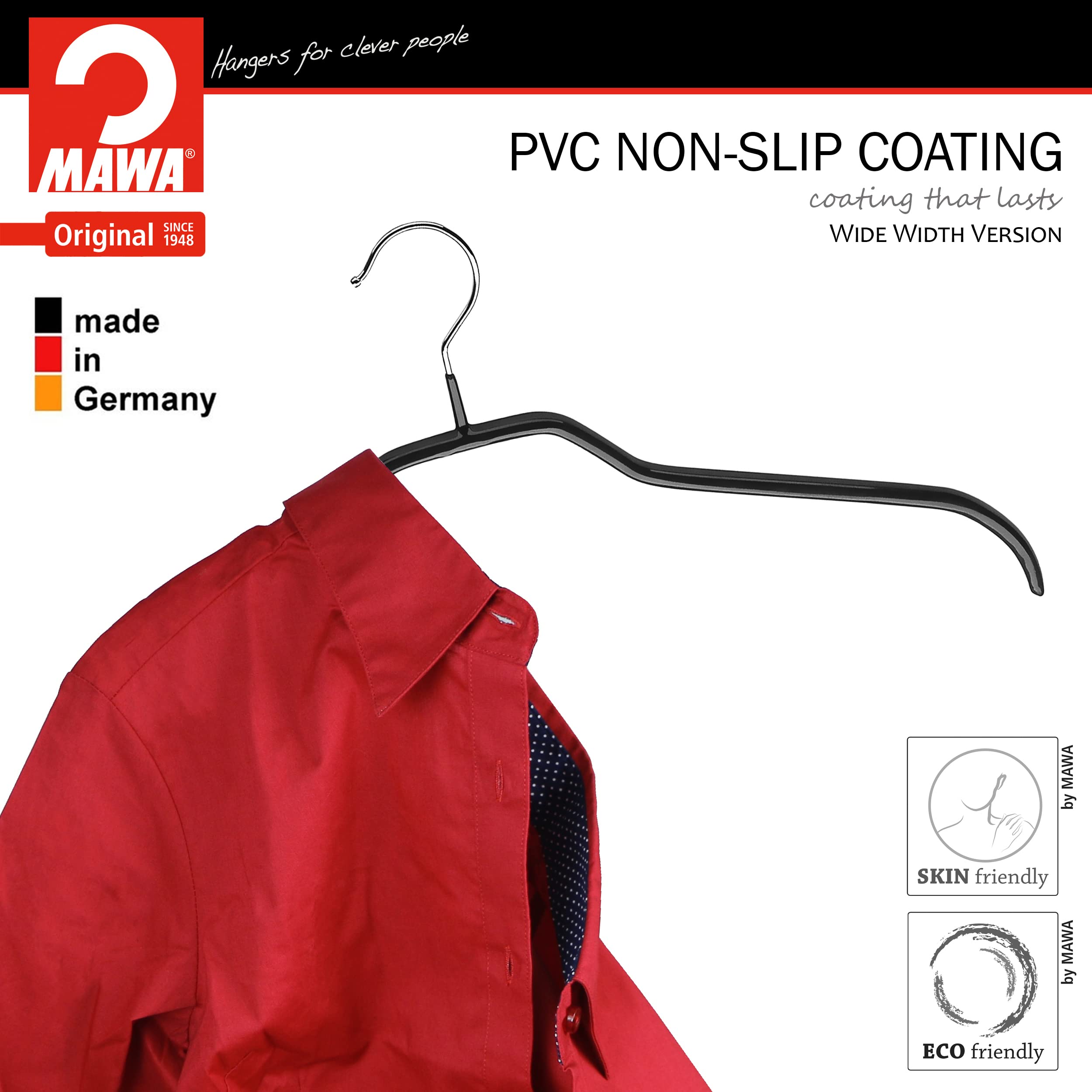 Mawa By Reston Lloyd Non Slip Space Saving Wide Width Clothing Hanger, Style 45/F, Set Of 10Pcs, Black