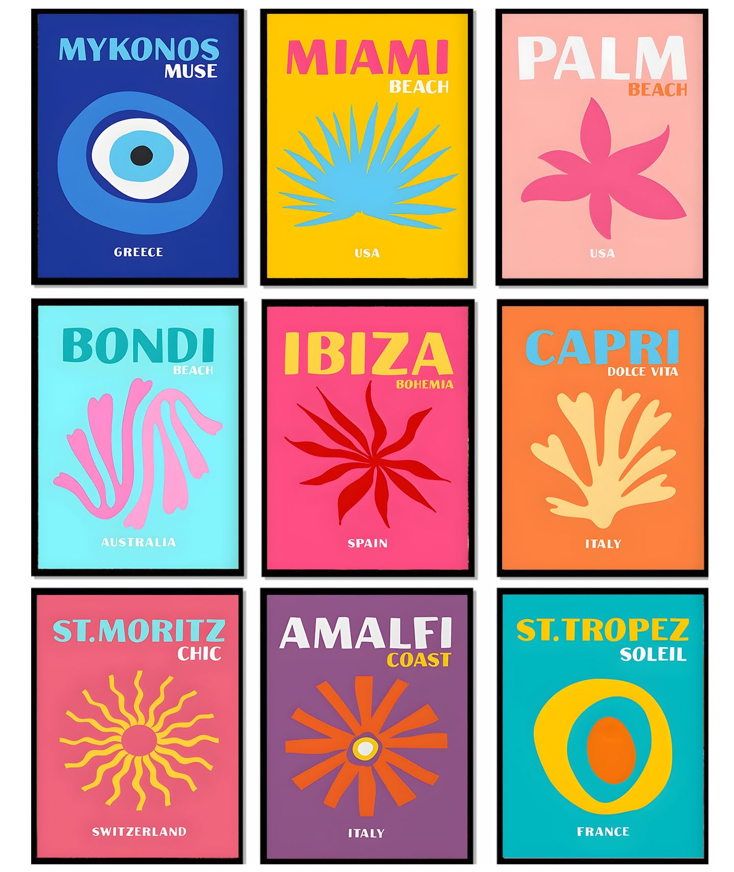 Loartve 9Pcs Preppy Travel Wall Art Prints Colorful Abstract Aesthetic Room Decor Pictures Trendy Canvas Posters For Teen Girls