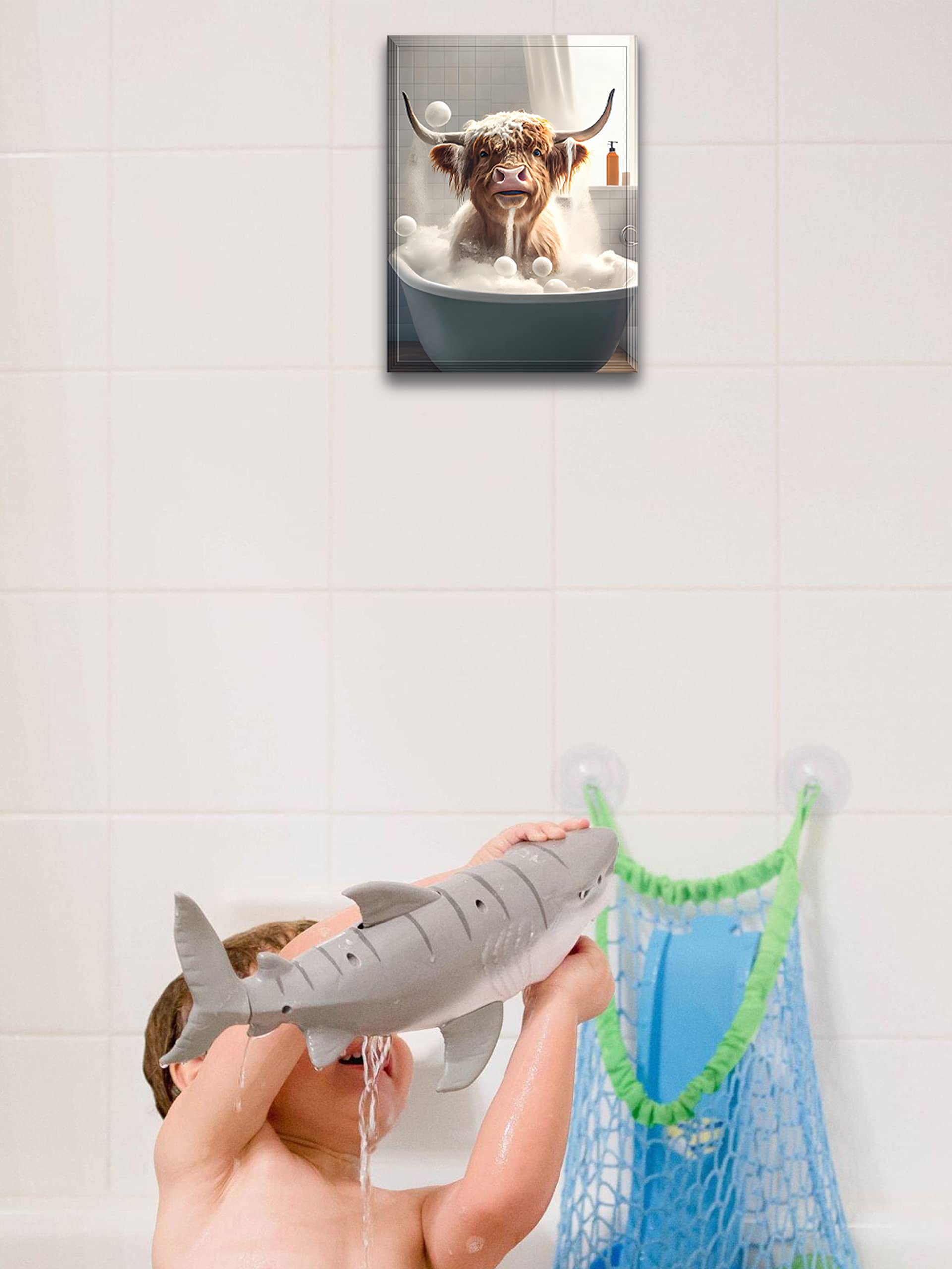 Upwoigh Funny Bathroom Wall Art, Colorful Giraffe Wall Decor, Waterproof Wood Framed Canvas Wall Art Bathing Animals Abstract Pr