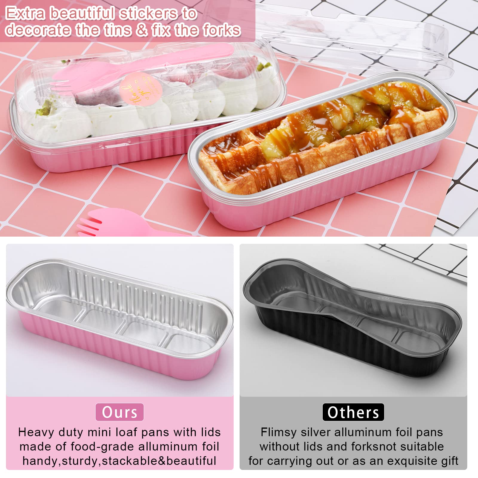 Ylnurac 100Pack Pink Aluminum Foil Mini Loaf Pans With Lids, 6.8 Oz Rectangle Baking Cups Disposable Muffin Pans Tins Holders Fo