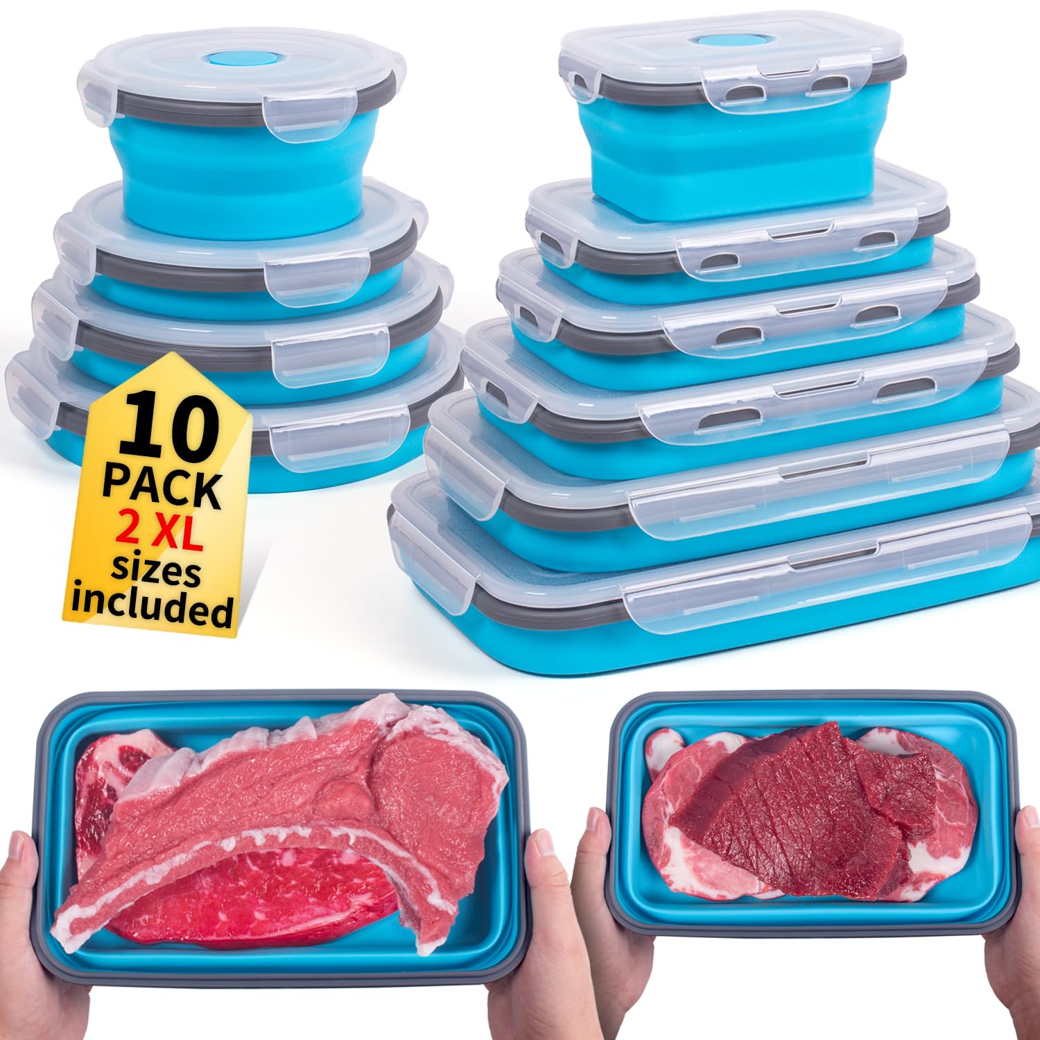 Collapsible Food Storage Containers with Lids 10 Pack(81oz/58oz Extra Large Included), 6 Rectangular+4 Round, Annaklin Silicone 