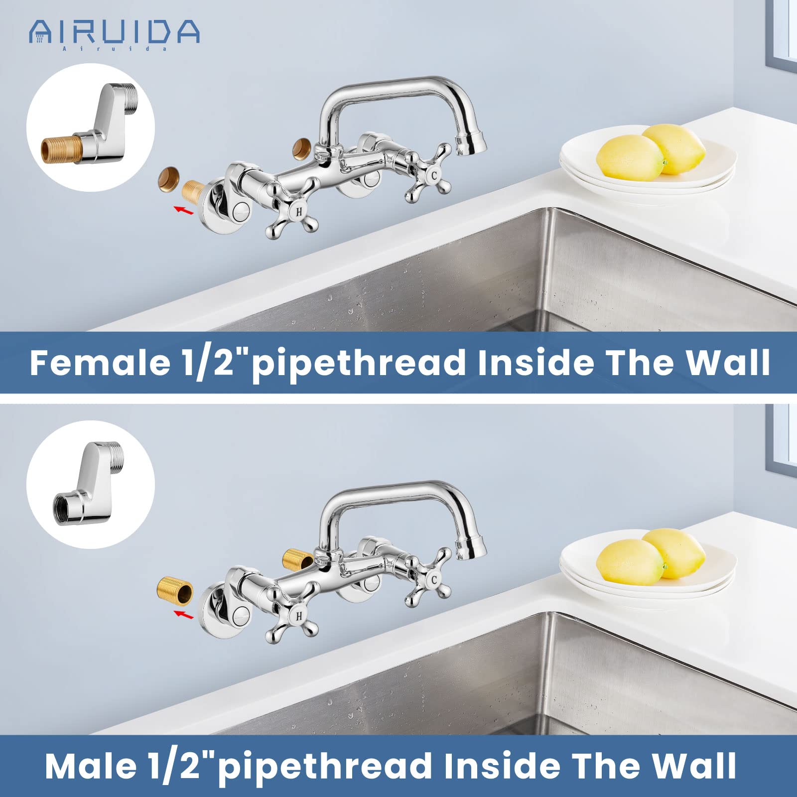 Airuida Wall Mounted Kitchen Faucet Chrome Polish 6 Inch(15Cm) Spout Reach 6 Inch Center Adjustable Center Double Cross Handles