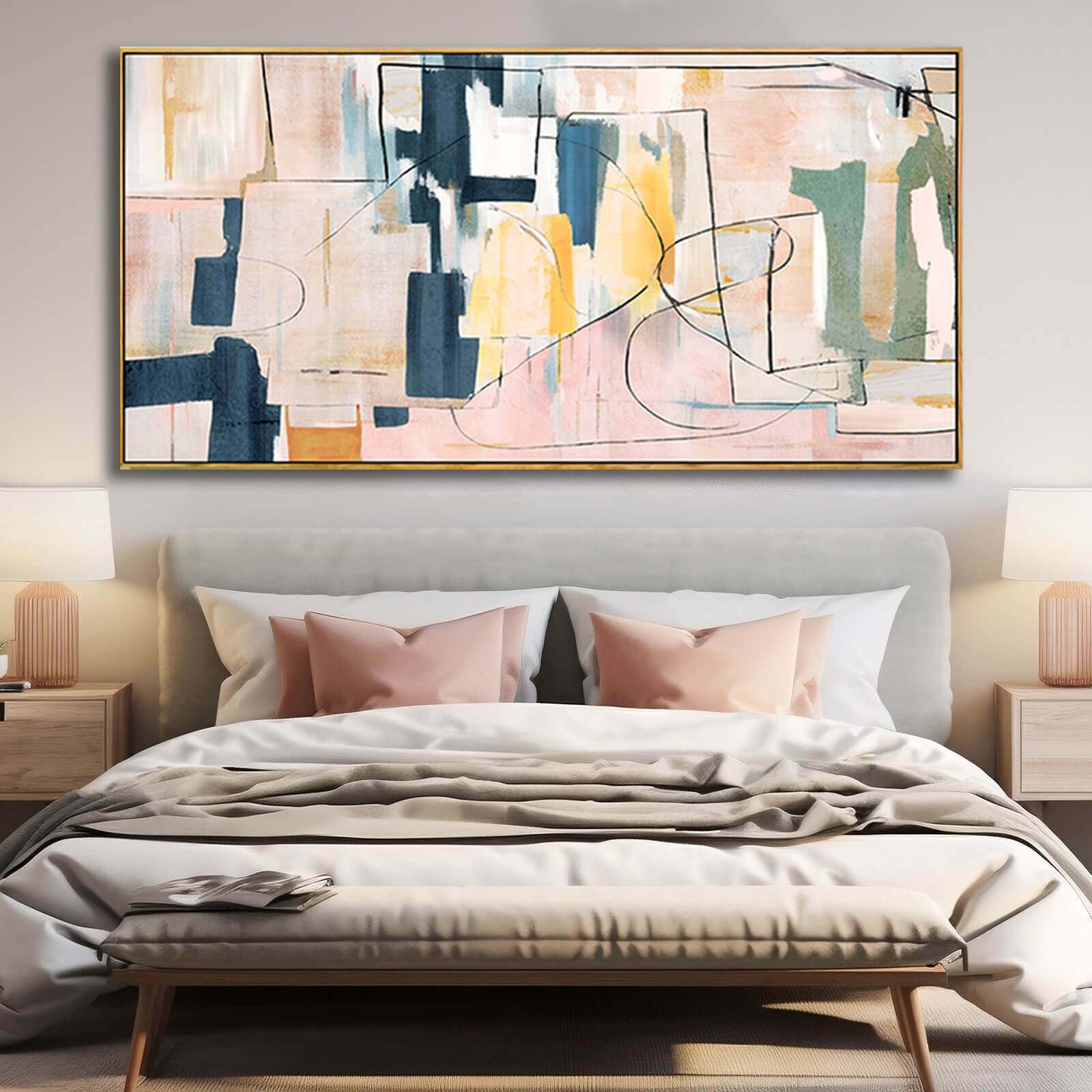 Pink Abstract Painting Large Wall Art Living Room Decor Blue Canvas Print Line Artwork Home Office Decoration 30X60 Inch