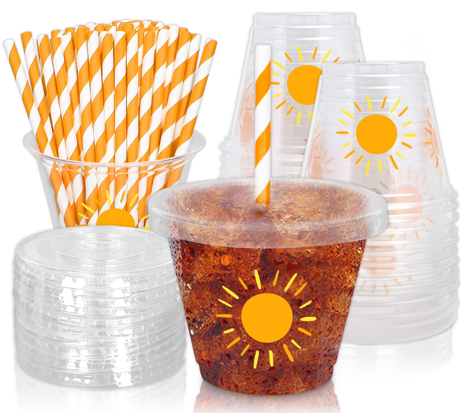 Whaline 100Pcs 9Oz Boho Sun Disposable Plastic Cups with Lids and Straws Cute Yellow Sunshine Cold Beverage Drinking Cups for Ic
