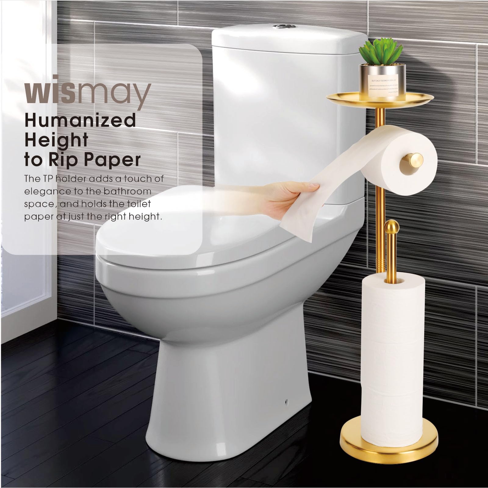 Standing Toilet Paper Holder Gold, Tp Holder With 6.7'' Phone Shelf, Holds 5 Rolls, Stainless Steel (Gold)