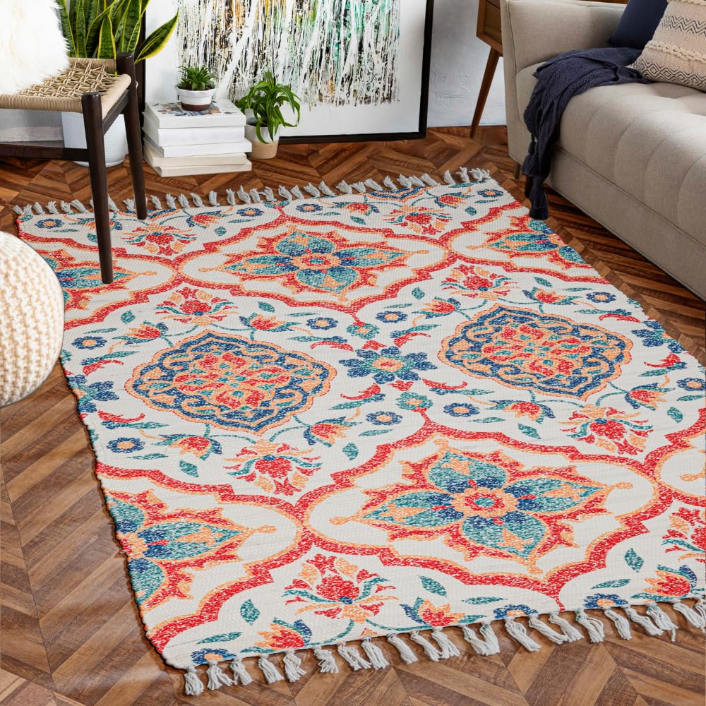 Homa Dorn Handmade Printed Dhurrie Carpet Rug Runner Floor Mat For Living Room, Bedroom (Hd_Desgin2_4 X 6 Feet, Multicolour)