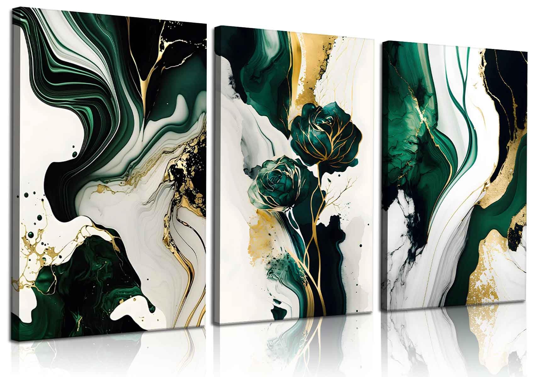 3Pcs Framed Emerald Green Wall Art, Modern Green And Gold Abstract Marble Canvas Wall Art Paintings Prints Posters Wall Decor Pi