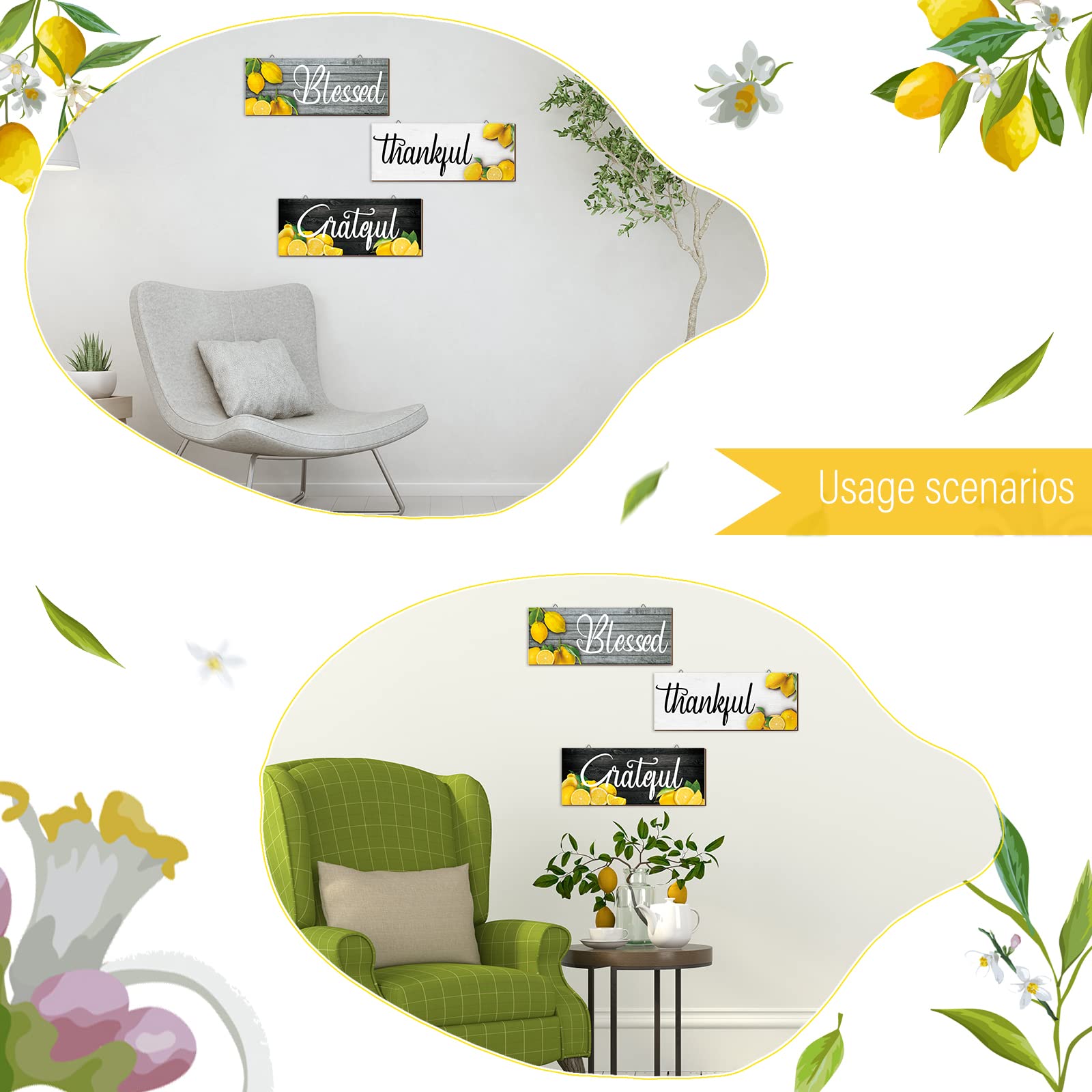 Amyhill 3 Pieces Lemon Wall Decor Grateful Thankful Blessed Art Signs Lemon Decorations for Home Wall decor for Front Door Farmh