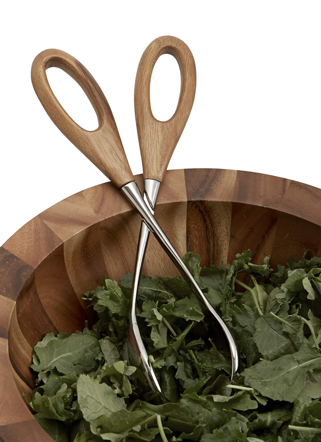 Nambe Curvo Salad Scissors - 13" Stainless Steel & Acacia Wood Tongs, Silver, Model MT0796