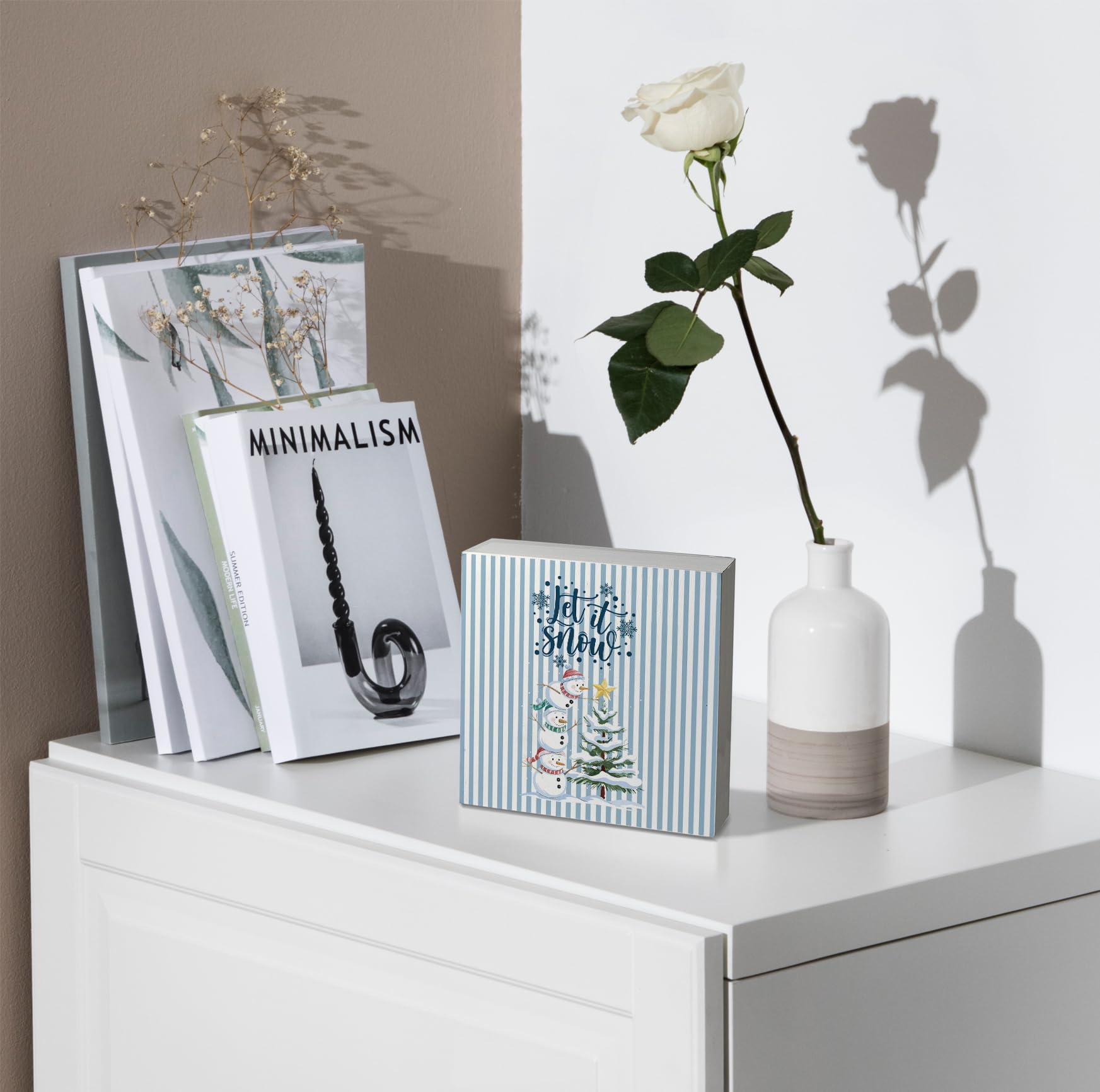 kunlisa Let It Snow Christmas Snowman Wooden Sign, Christmas Desk Decor, Festive Xmas Tree Snowflake Blue Striped Wood Box Sign