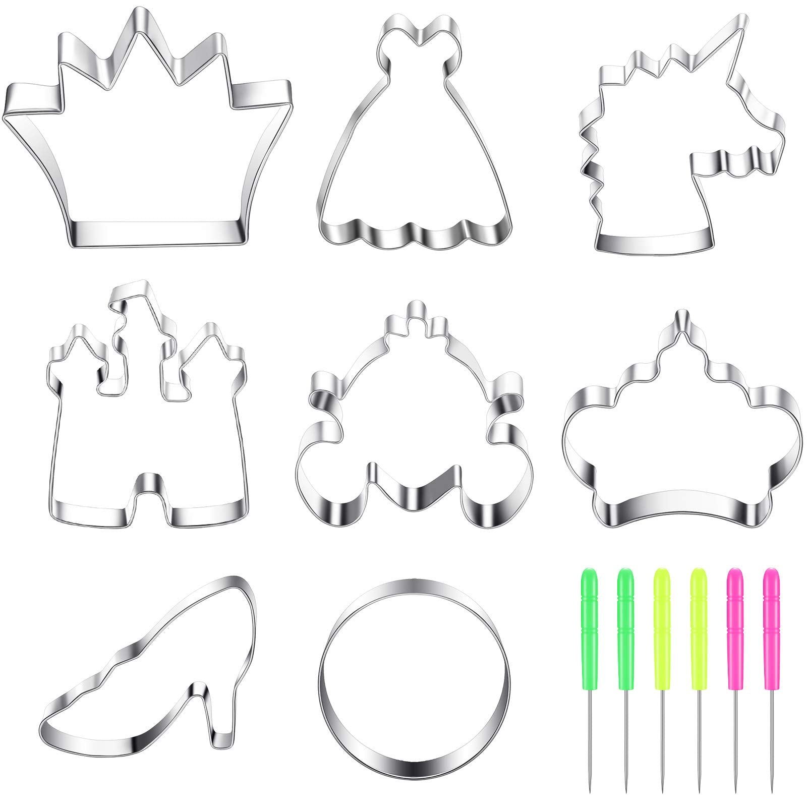 8 Pieces Princess Cookie Cutter Set with Crown, Dress, Castles, Unicorn Head Shapes Stainless Steel Fondant Biscuit Cutters and 