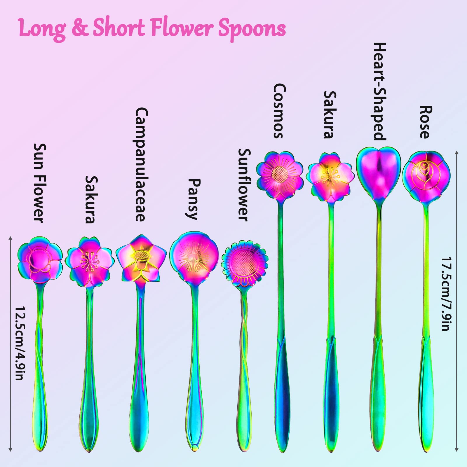9 Pcs Rainbow Flower Spoon Set, Leefone 2 Different Size Stainless Steel Reusable Teaspoons Coffee Sugar Stirring Spoon Dessert