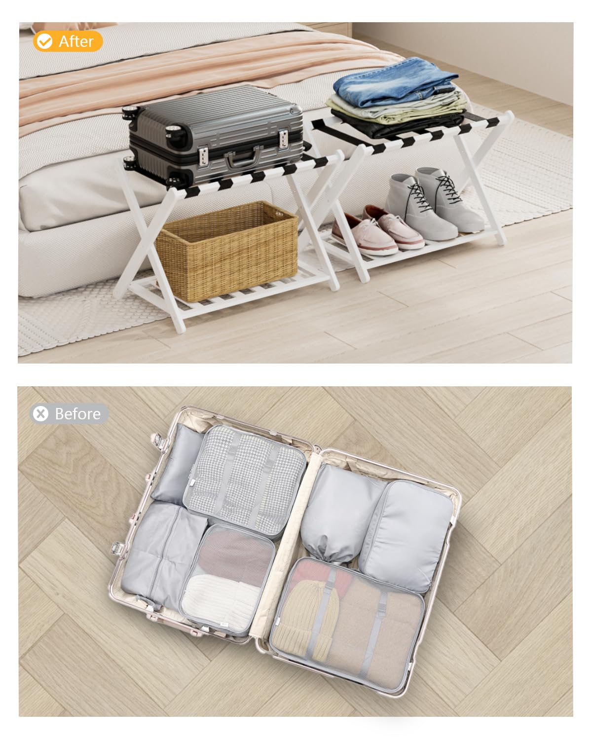 Luggage Racks, Set Of 2 Folding Luggage Rack For Guest Room, Bamboo Suitcase Stands With Nylon Straps, X-Shape Heavy Duty Luggag