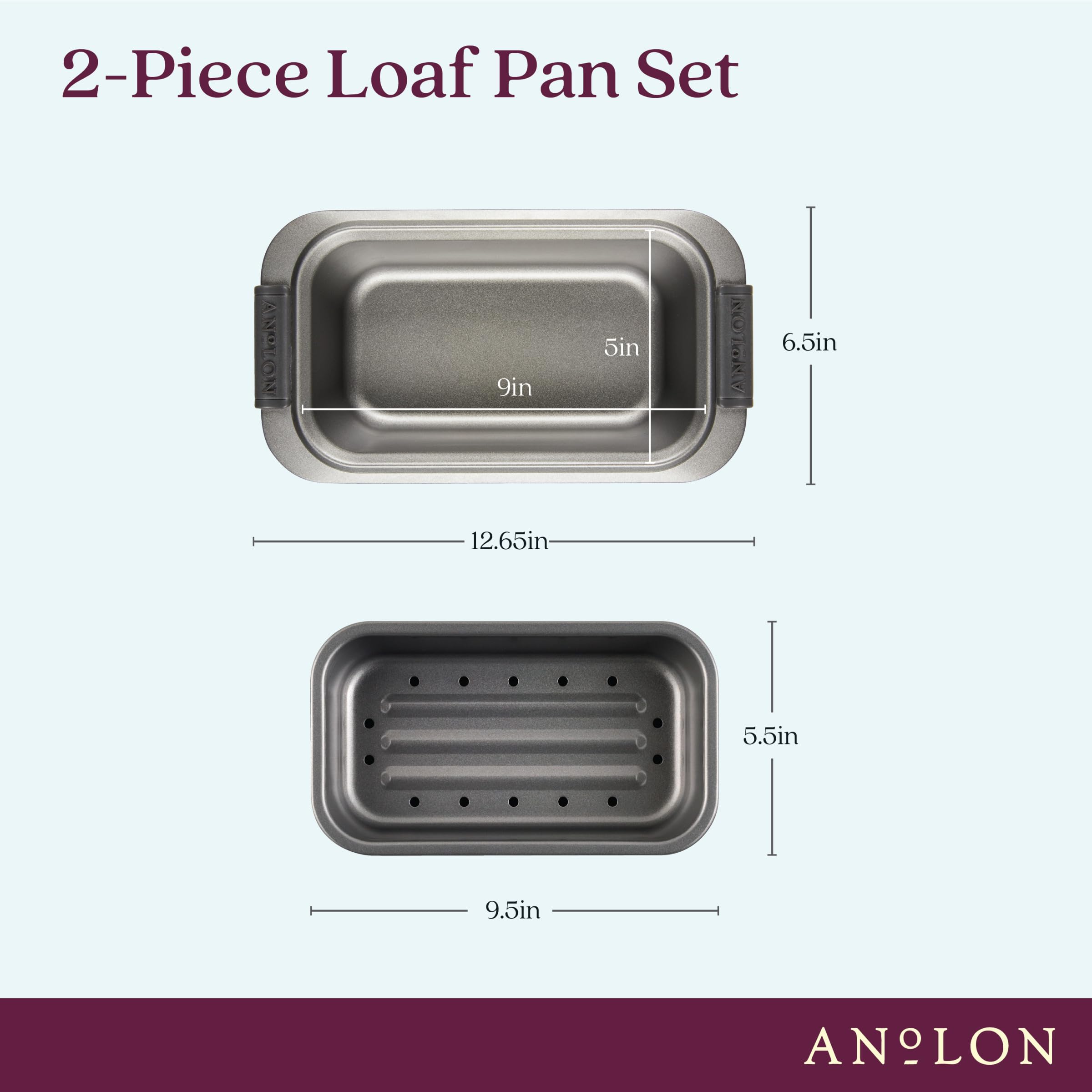 Anolon Advanced Nonstick Bakeware 2-Piece Loaf Pan Set, Gray, Steel, Model 54715 with Silicone Grips