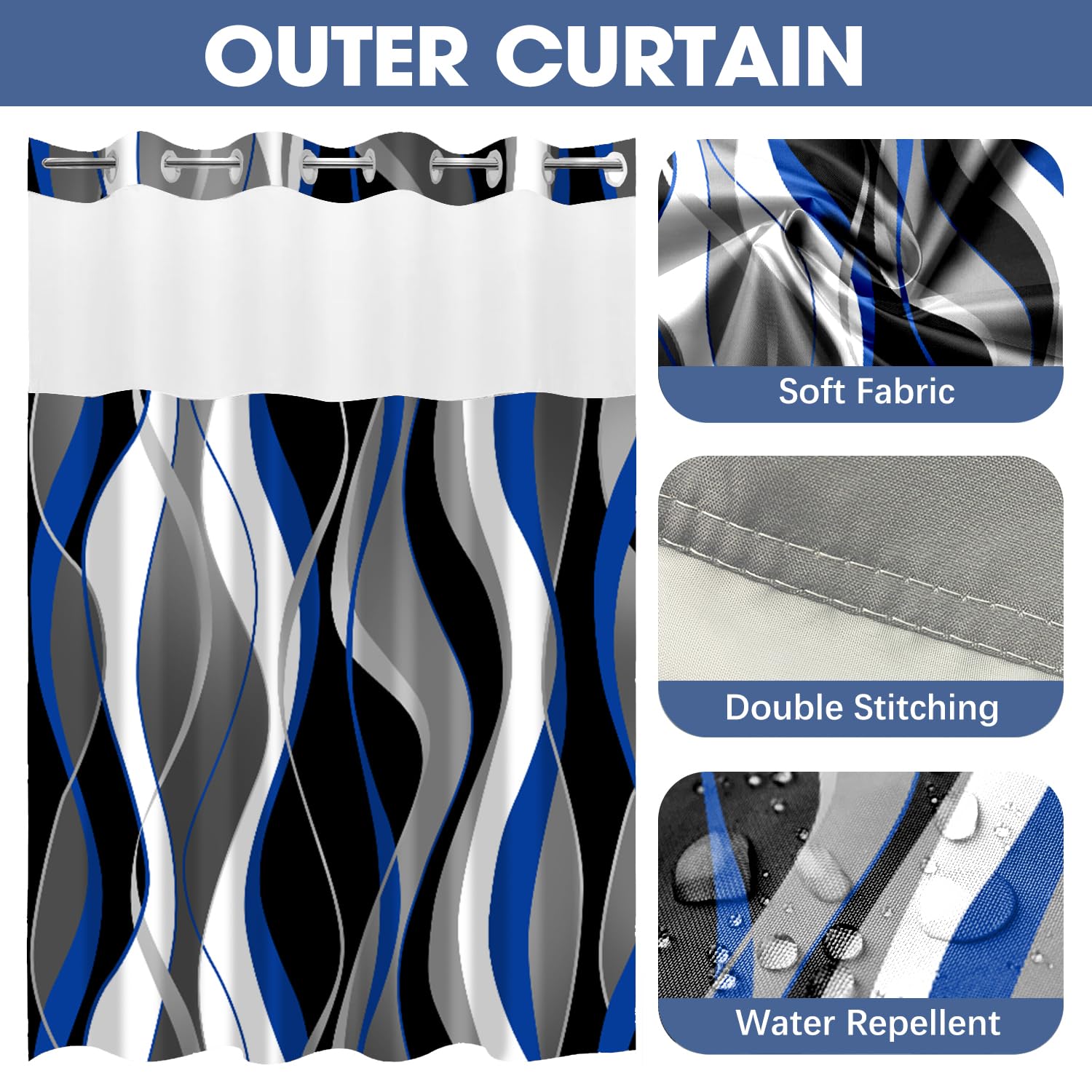 Nkzply No Hook Shower Curtain And Liner Set Blue Striped Shower Curtain With Snap In Liner Fabric Bathroom Curtain With Liner Mo