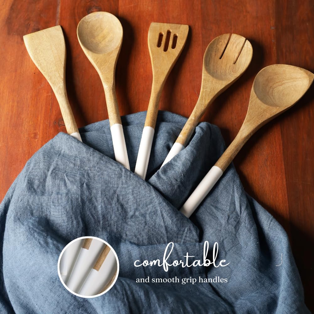 The Art Box Wooden Spoons For Cooking Set 5 For Baking, Natural Wood Solid Corner Spoon Slotted Turner Spatula Cooking Utensils