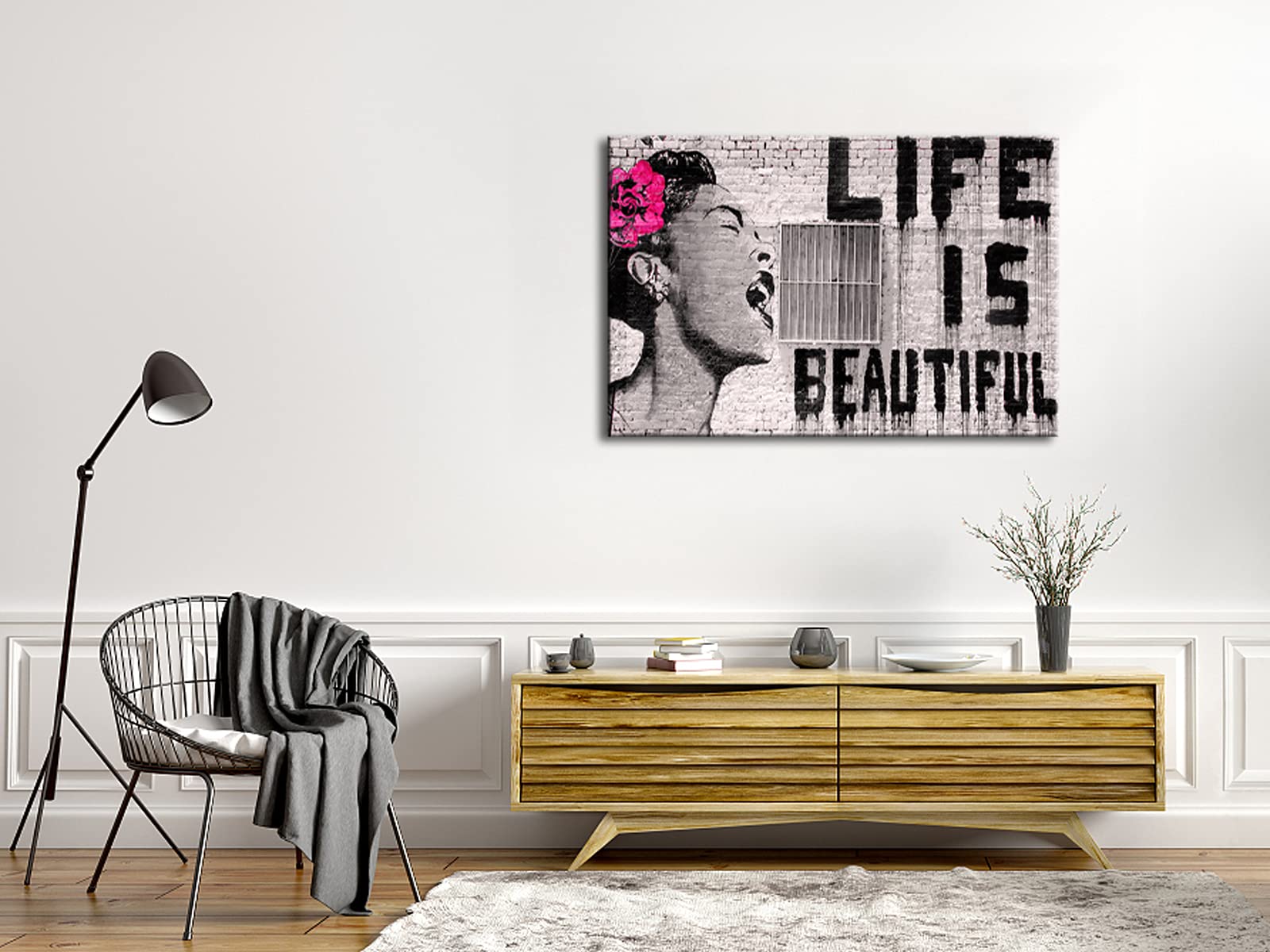Pyradecor Large Banksy Life Is Beautiful Artwork Modern Grey Love Pictures Paintings Canvas Wall Art For Bedroom Living Room Hom