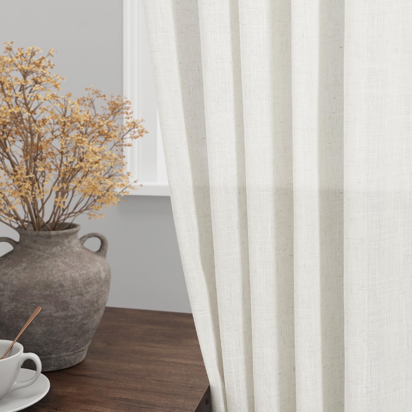 Beige White Kitchen Cafe Sheer Curtains 54 Inch Long 2 Panel Back Tab Linen Textured Light Filtering Short Neutral Bohemian Farm