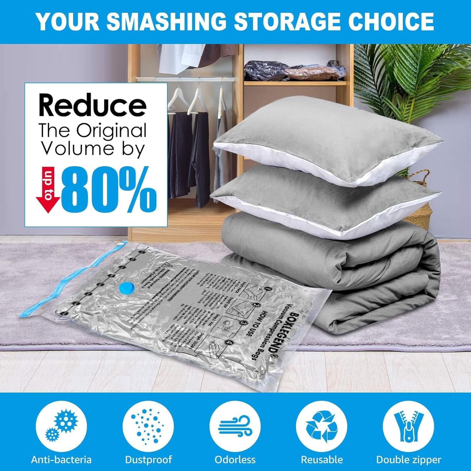 BoxLegend Vacuum Storage Bags with Hand Pump 6 Medium 19.68x27.56 Thickened Vacuum Seal Bags for Clothing Bed Sheets Pillowcases