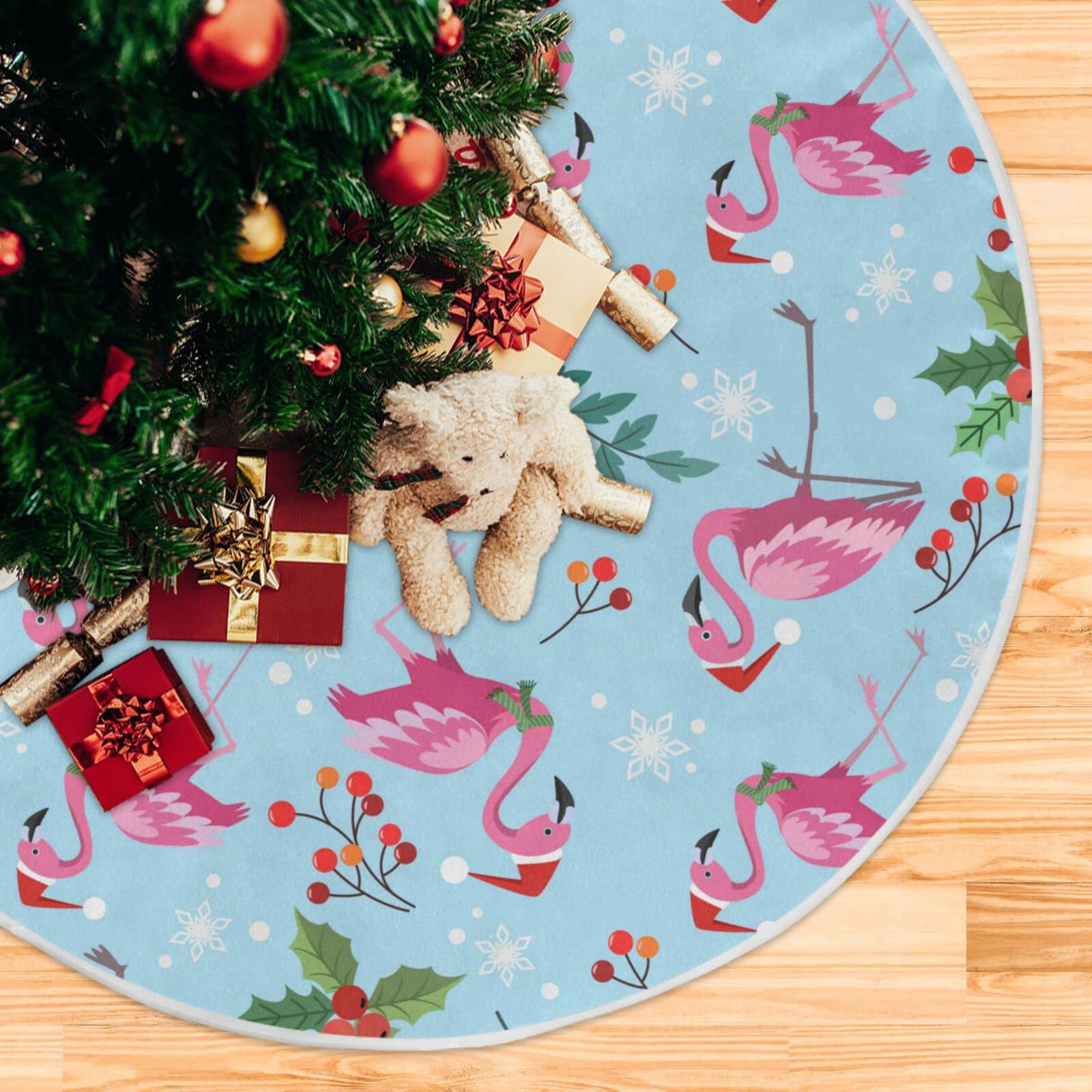 Vozoza Christmas Flamingo Snowflake Tree Skirt, Seasonal Tree Mat Holiday Party Supplies Ornaments Indoor Outdoor Decorations fo