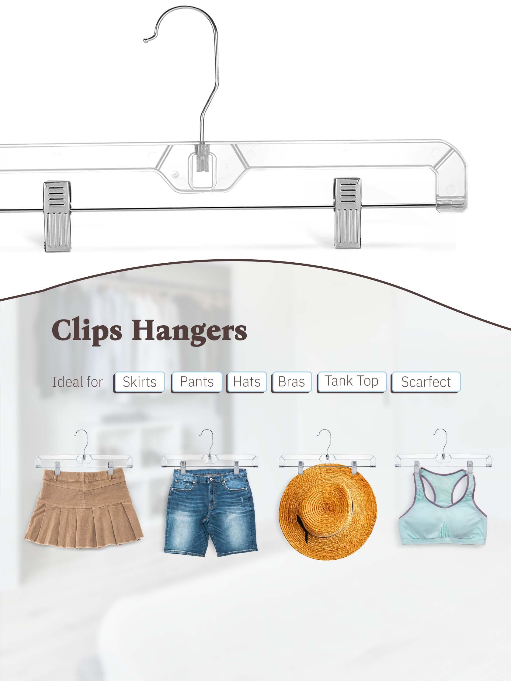 House Day 50 Pack 14 Inch Clear Plastic Skirt Hangers With Clips, Skirt Hangers, Clip Hangers For Pants,Trouser Bulk Plastic Pan
