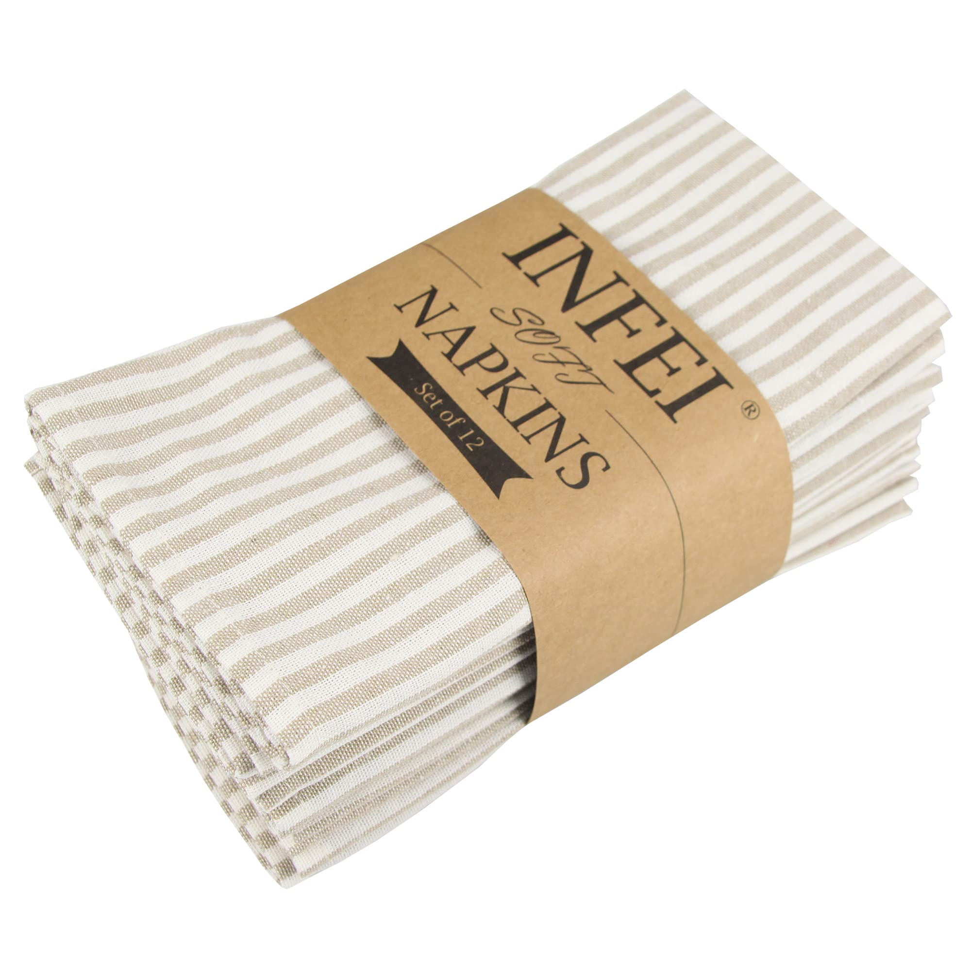 Infei Plain Striped Cotton Linen Blended Dinner Cloth Napkins - Set Of 12 (17 X 17 Inches) - For Events & Home Use (Beige)