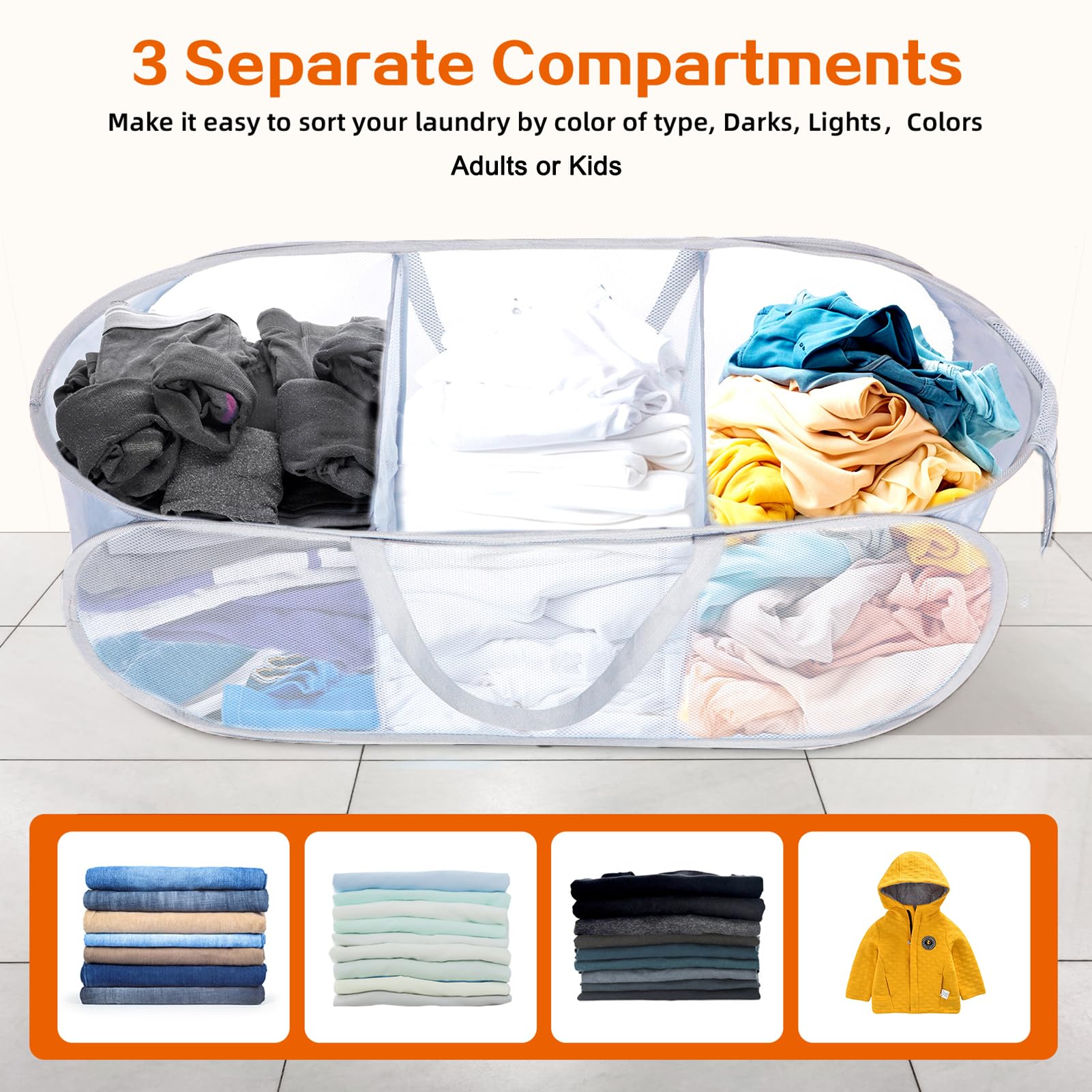 Durable Collapsible Laundry Baskets, Foldable Mesh Pop Up Laundry Basket, 3 Compartments Laundry Hamper, Easy To Carry & Sort Cl