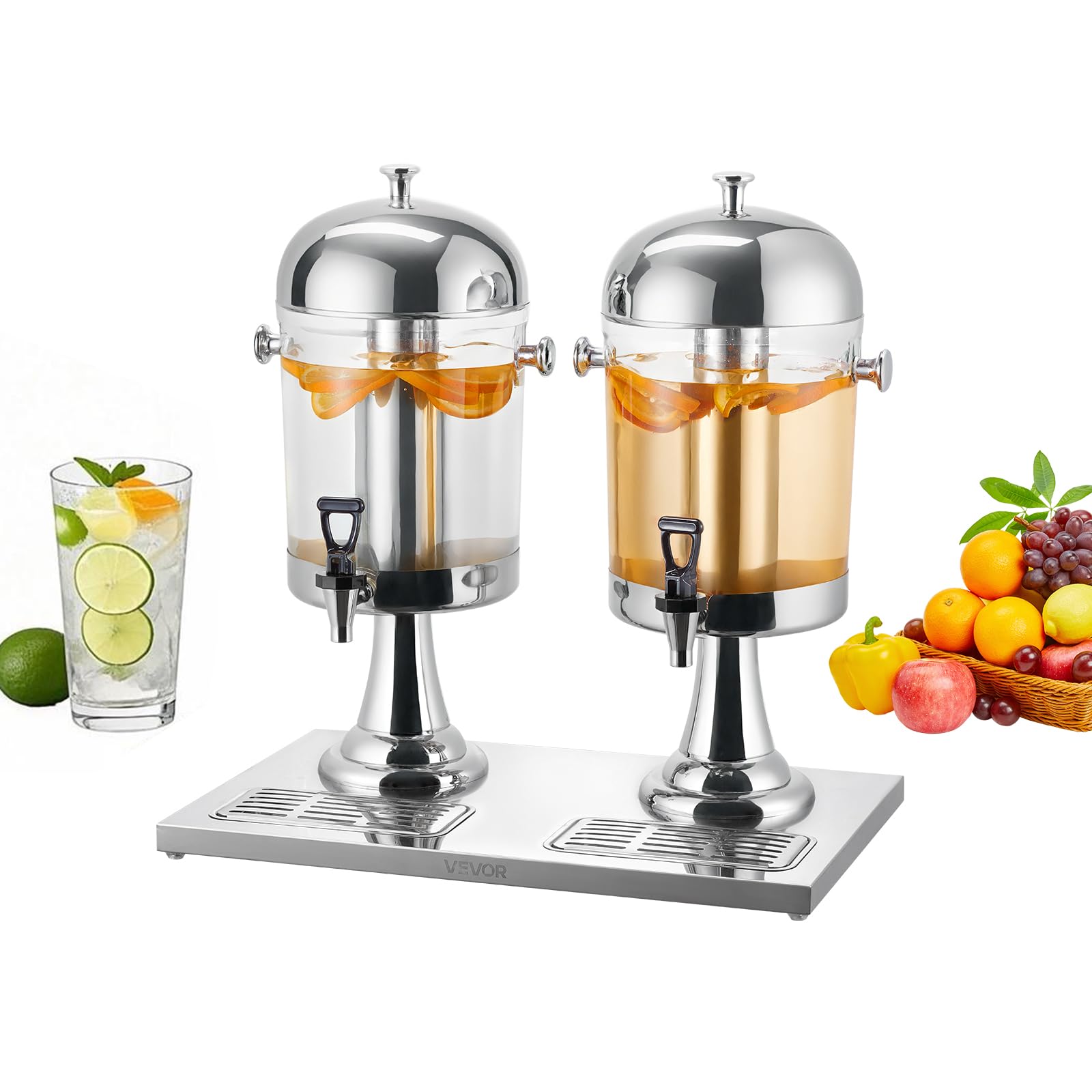 VEVOR Beverage Dispenser, 2.1 Gallon x 2 Drink Dispenser for Parties, Stainless Steel + Plastic Juice Dispensers with Spigot Ice