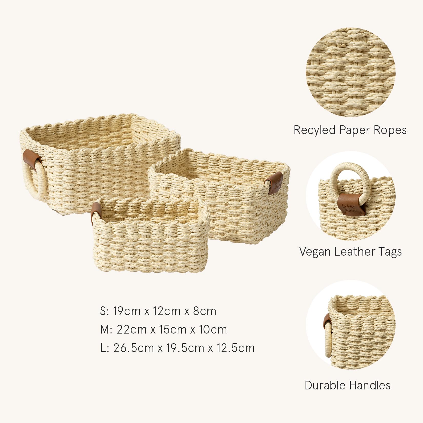 La Jolie Muse Small Beige Wicker Baskets For Organizing, Recycled Paper Rope Storage Basket Container Bins For Shelves Bathroom