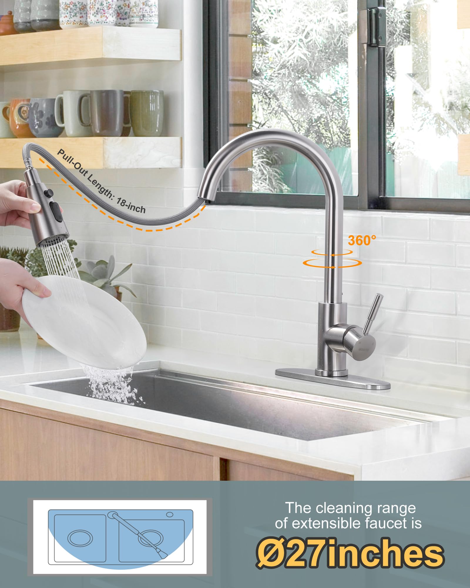 Wowow Kitchen Faucet With Sprayer, Kitchen Sink Faucet, Sus 304 Stainless Steel, High Arc Single Handle Brushed Nickel Kitchen F