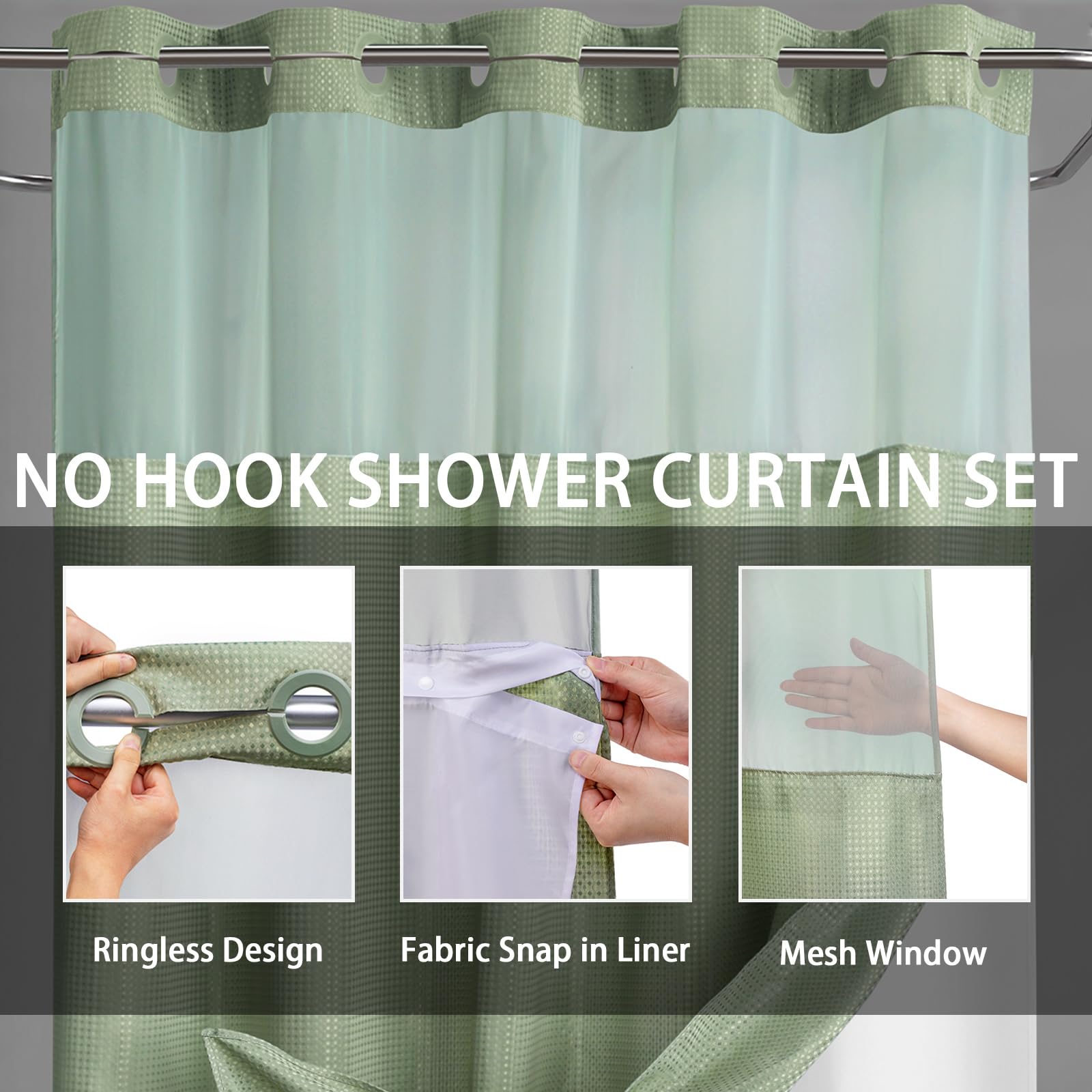 Yellyhommy No Hook Shower Curtain With Snap In Liner Set Sage Green Waffle Shower Curtain For Bathroom 75'' L X 72'' W