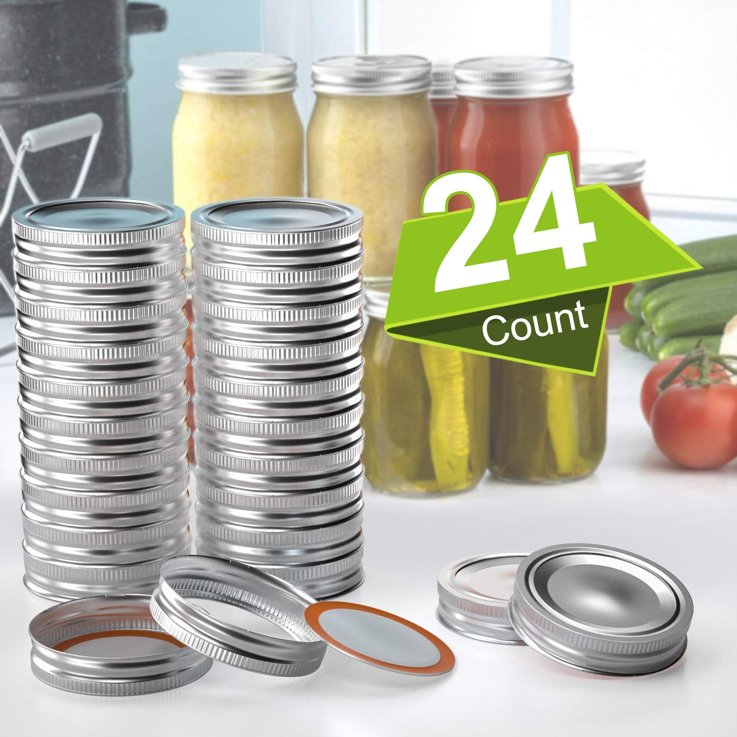 24-Count Canning Lids And Rings For Ball, Regular Mouth Kerr Jars - Split-Type With Leak Proof & Airtight Seal Features, Metal M