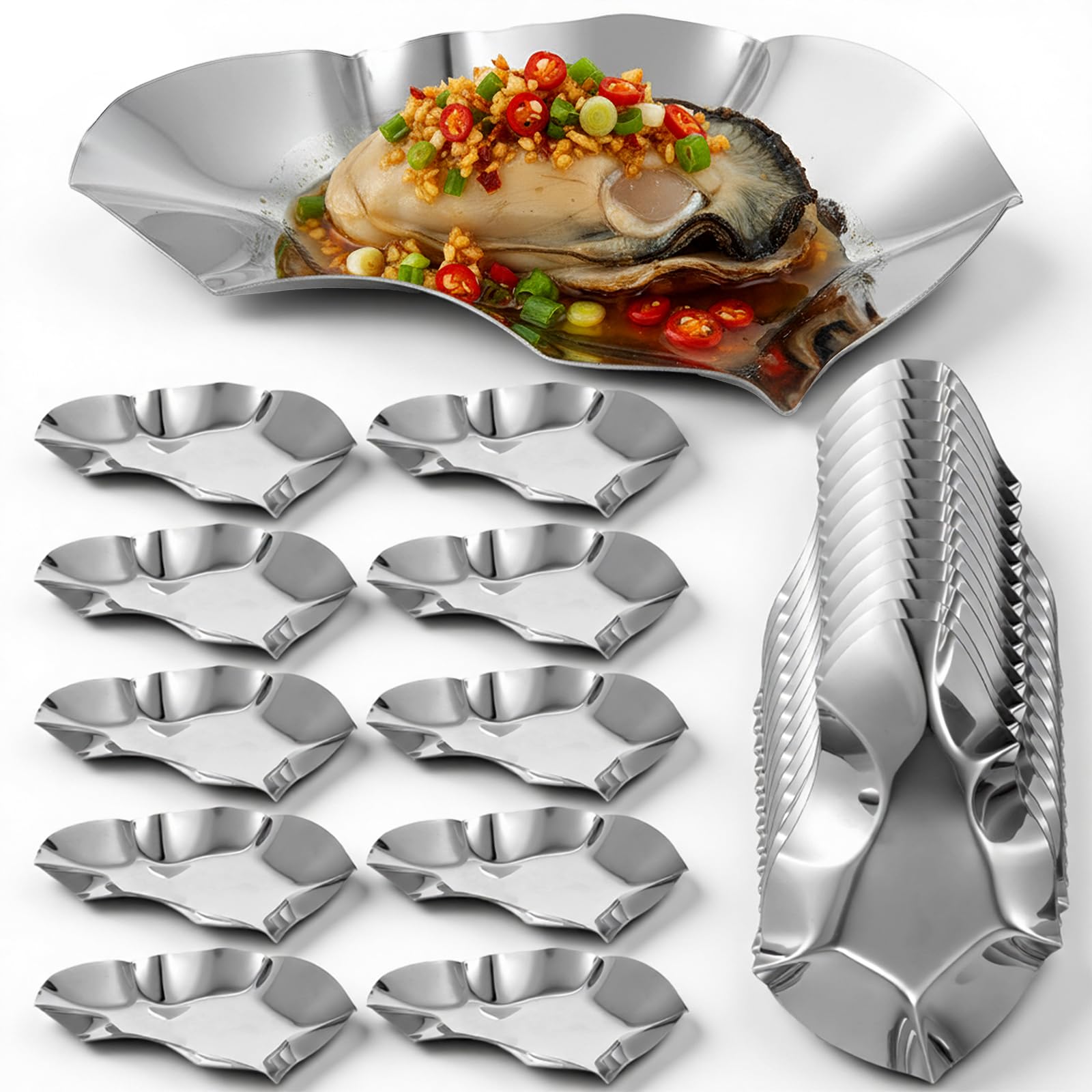 PercyEffie 24Pcs Stainless Steel Grillable Oyster Shells, Reusable Baked Grilling Shells for Cooking Silver Kitchen Metal Oyster