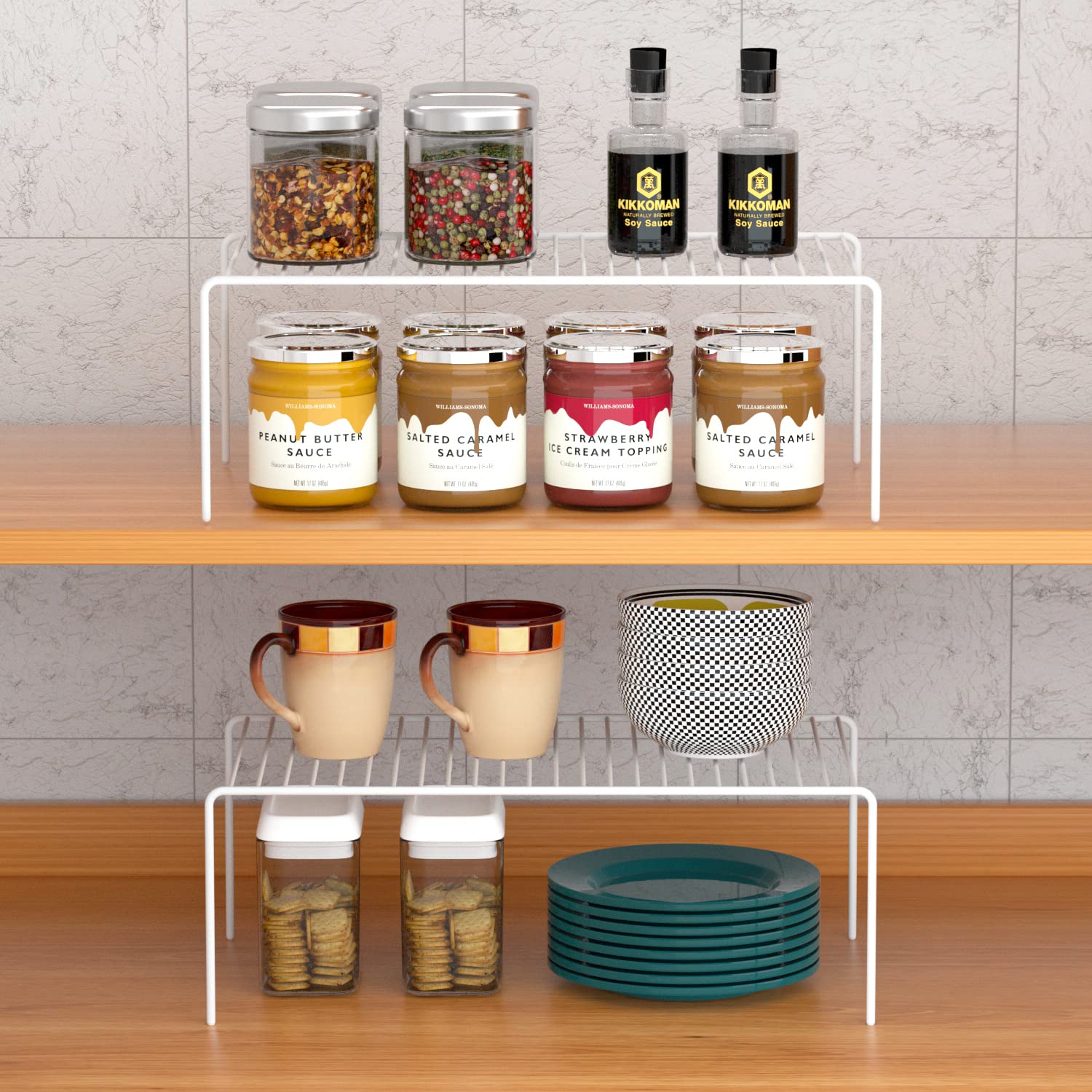 Gedlire Mini Kitchen Cabinet Shelf Organizers Set Of 2, Small White Wire Storage Shelves Rack For Pantry, Metal Dish Plate Organ