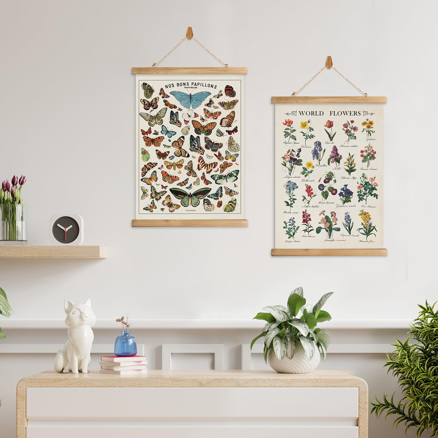 Xiaoaika Vintage Butterfly And World Flowers Poster Set - Educational Insect And Botanical Wall Art With Wooden Hanging Frames,