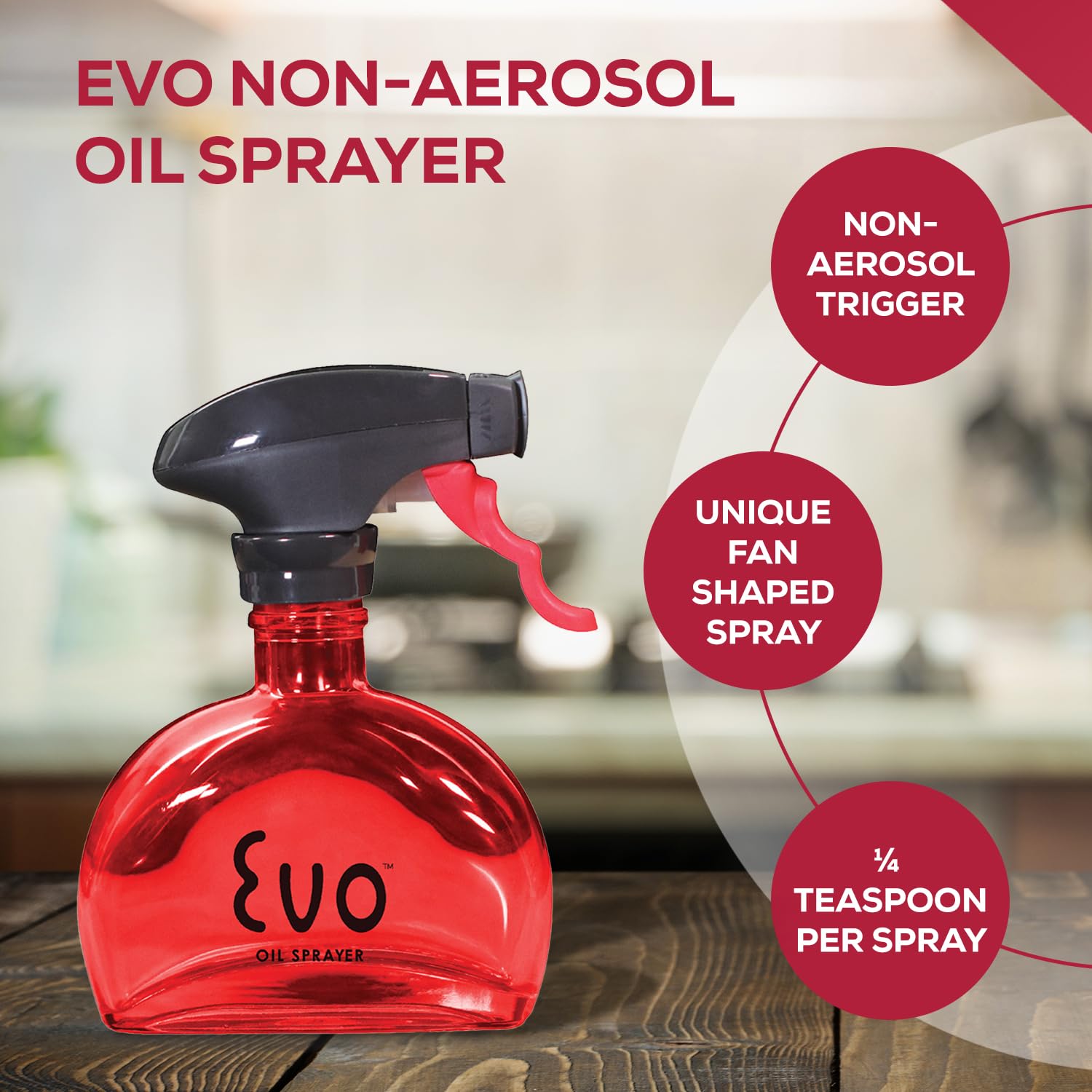Evo Oil Sprayer Glass Bottle | Non-Aerosol for Oils & Vinegars | 6-Oz Capacity | Red | Model 8116RD