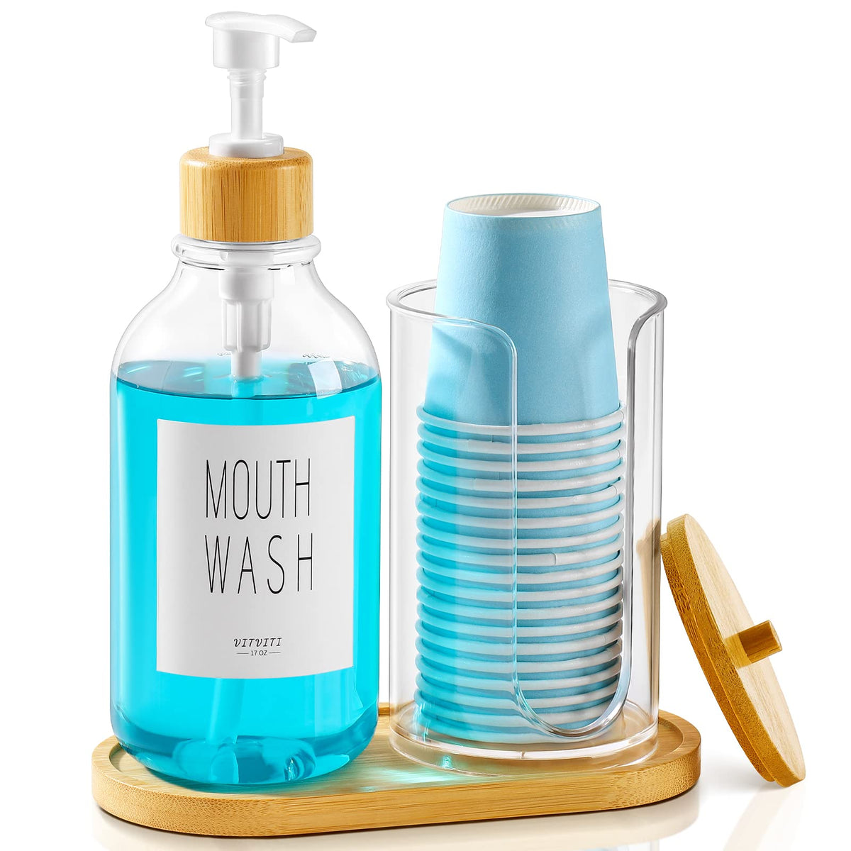 Vitviti Mouthwash Dispenser For Bathroom, Mouth Wash Pump Bottle With Paper Cup Holder, 17Oz Refillable Clear Mouthwash Containe