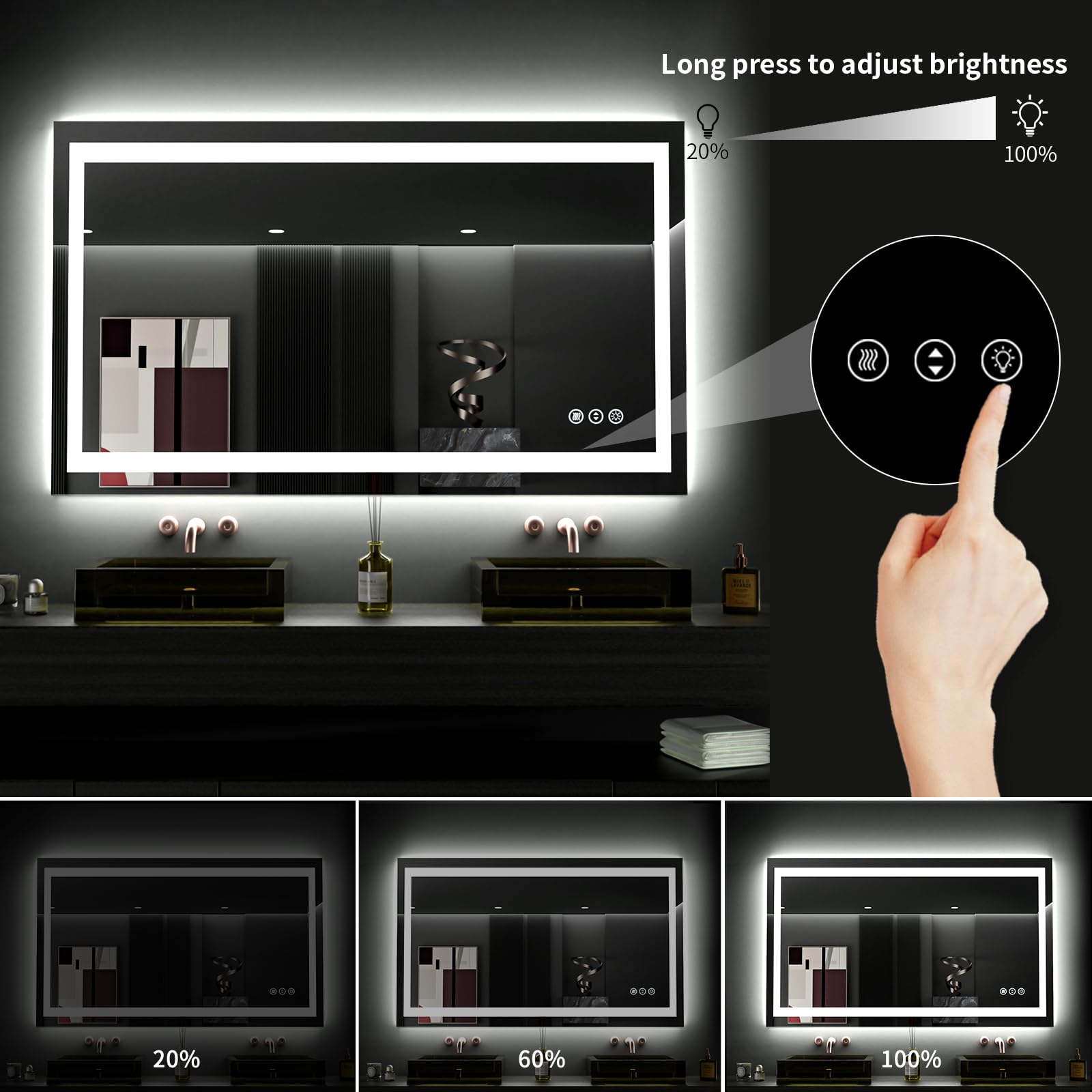 Loaao 48''X28'' Led Bathroom Mirror With Lights, Anti-Fog, Dimmable, Backlit + Front Lit, Lighted Bathroom Vanity Mirror For Wal