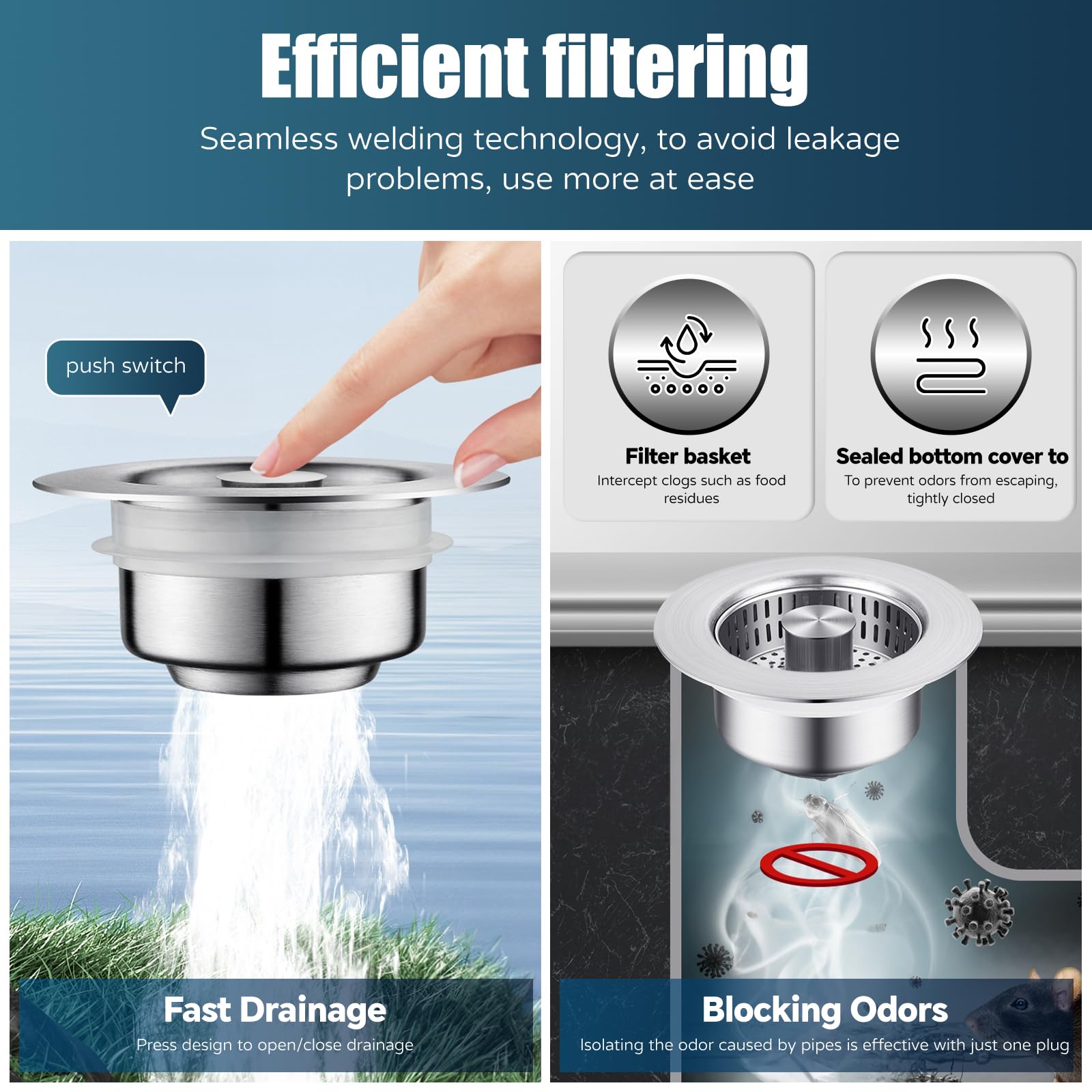 WEEKUU Kitchen Sink Drain Strainer - 4 in 1 Stainless Steel Anti-Clogging Stopper, Copper Bounce, 2 Packs, Model WK-SDS-02
