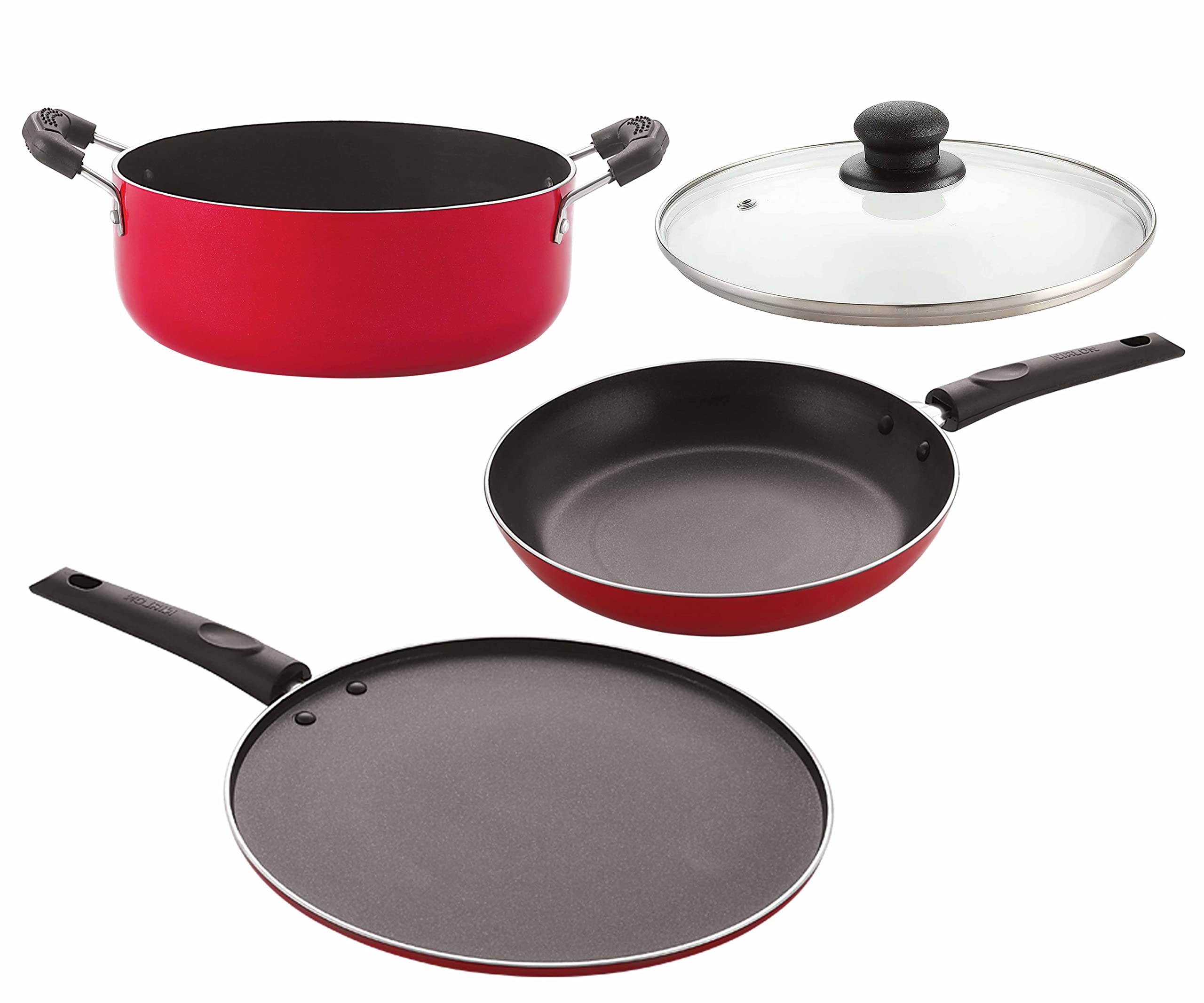 Nirlon NonStick Aluminium Kitchen Combo Cookware Set With Glass Lid 4 Pieces (Tapper Pan|Casserole|Smart Tawa|1 Glass Lid)32M