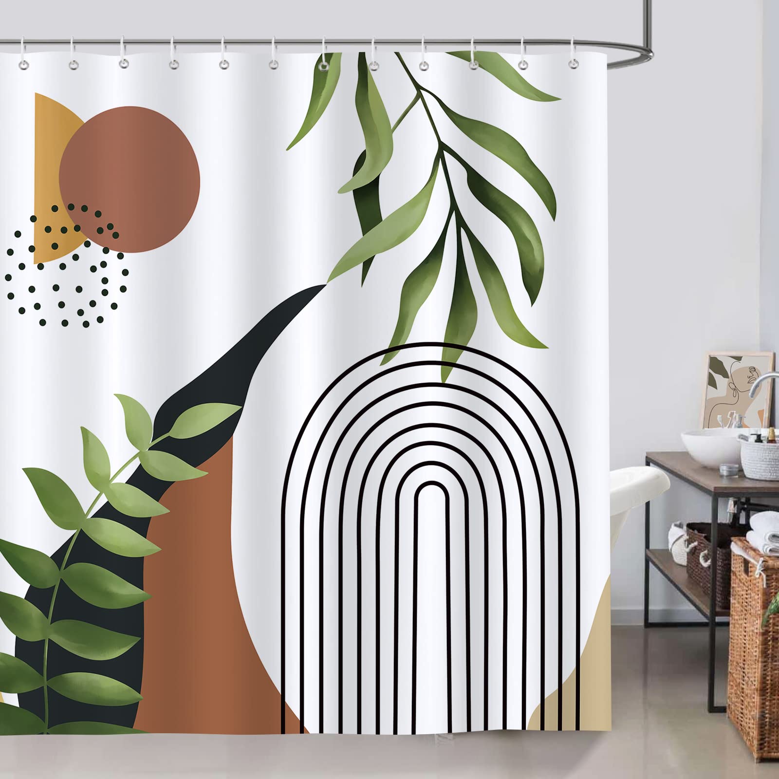 Bonhause Green Leaf Mid Century Abstract Shower Curtain For Bathroom Boho Arch Sun Decorative Bath Curtain 72 X 72 Inch Polyeste