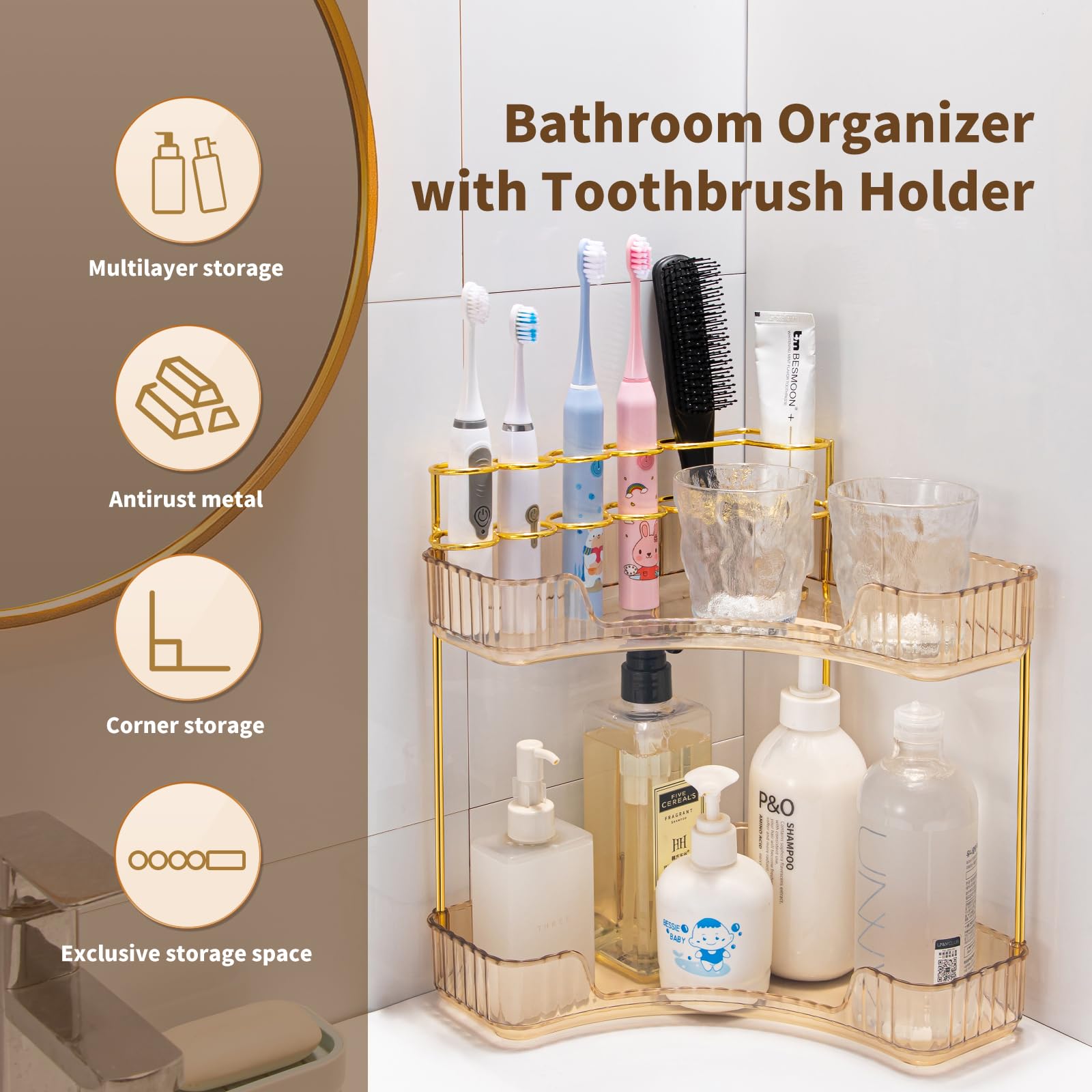 Nature'S Source Makeup Organizer For Vanity, 2-Tier Corner Bathroom Organizer Countertop With Makeup Brush Holder, Corner Counte